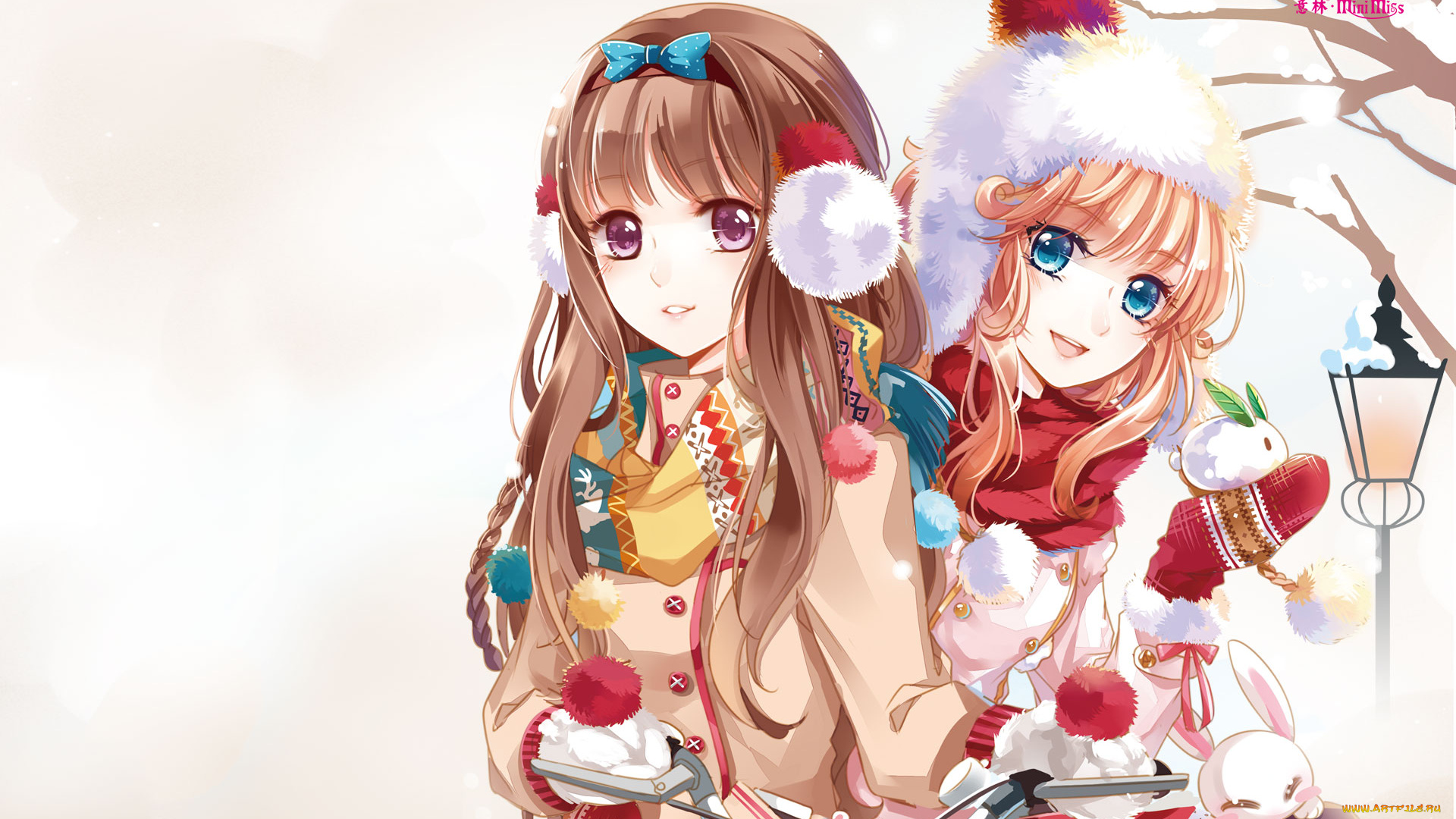 аниме, unknown, , другое, фонарь, зима, взгляд, фон, девушки