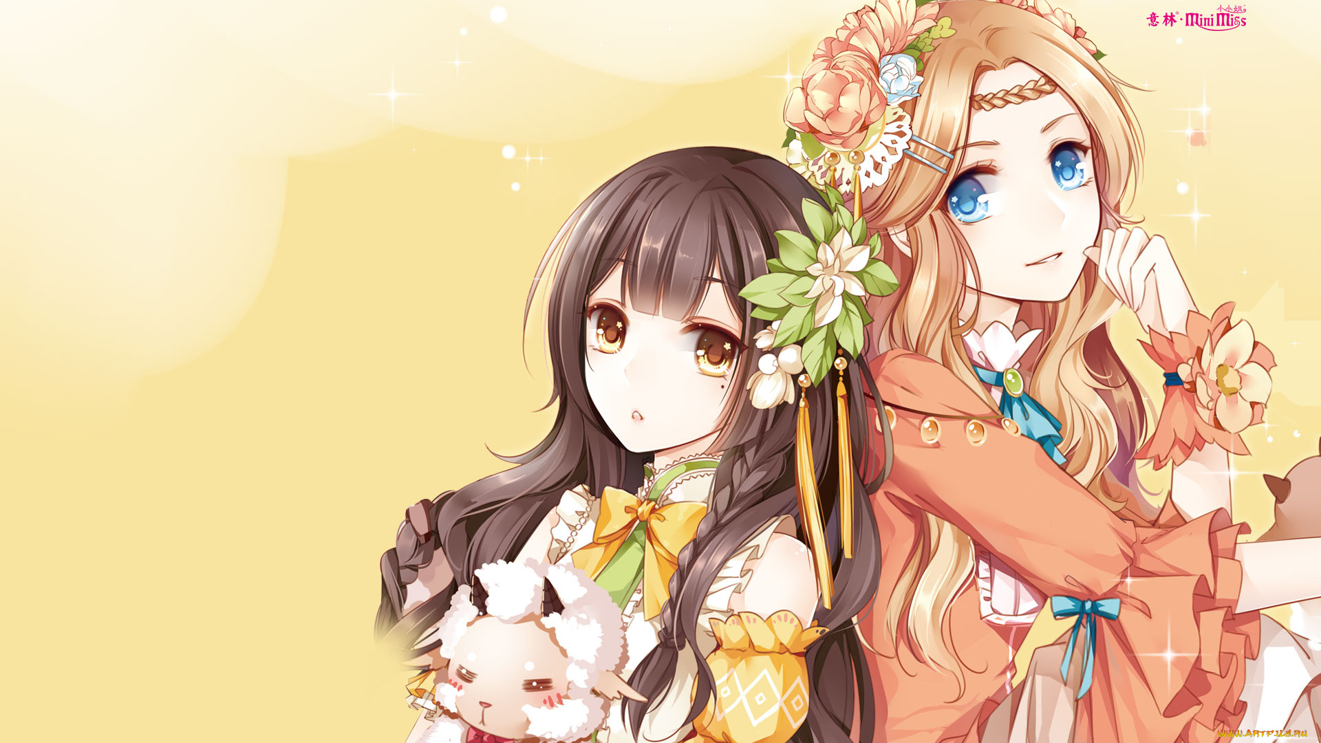 аниме, unknown, , другое, игрушка, фон, цветы, взгляд, девушки