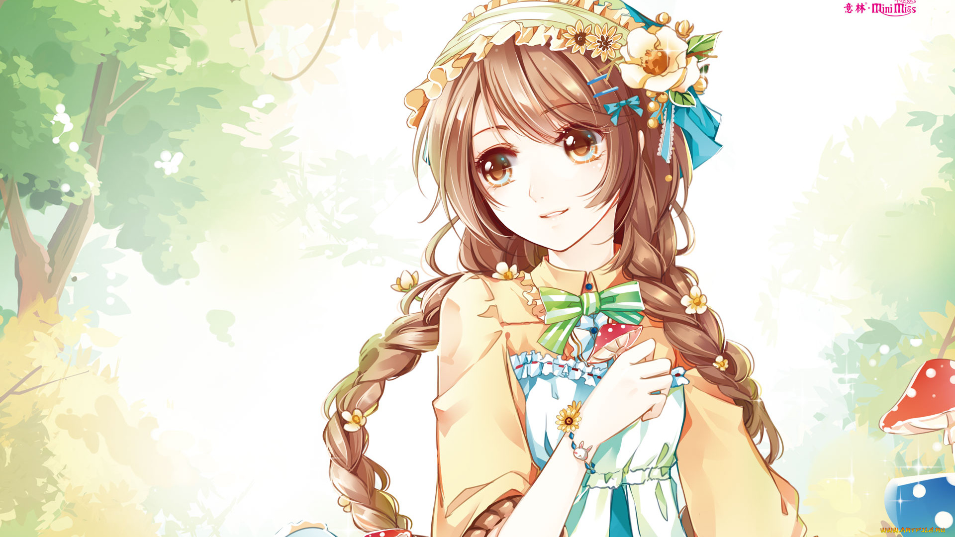 аниме, unknown, , другое, коса, природа, фон, взгляд, девушка