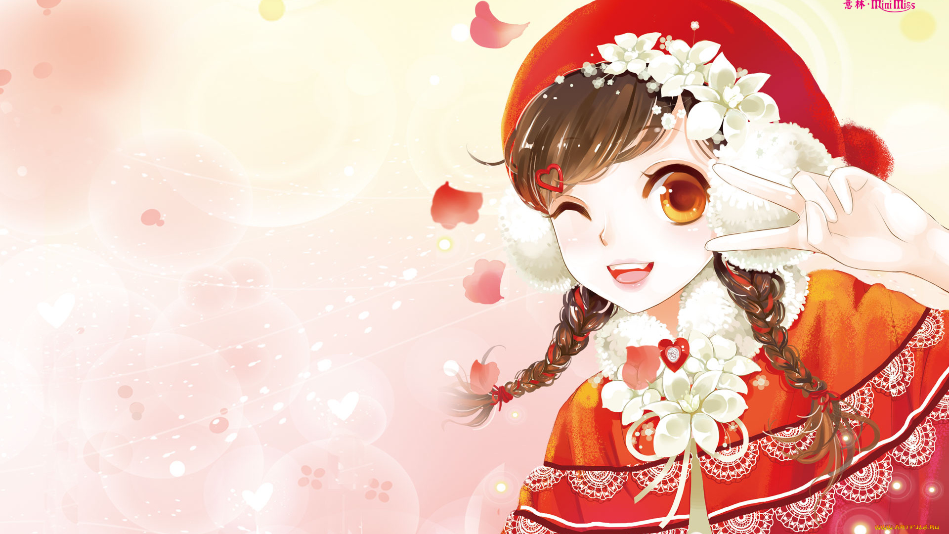 аниме, unknown, , другое, косички, улыбка, фон, взгляд, девушка