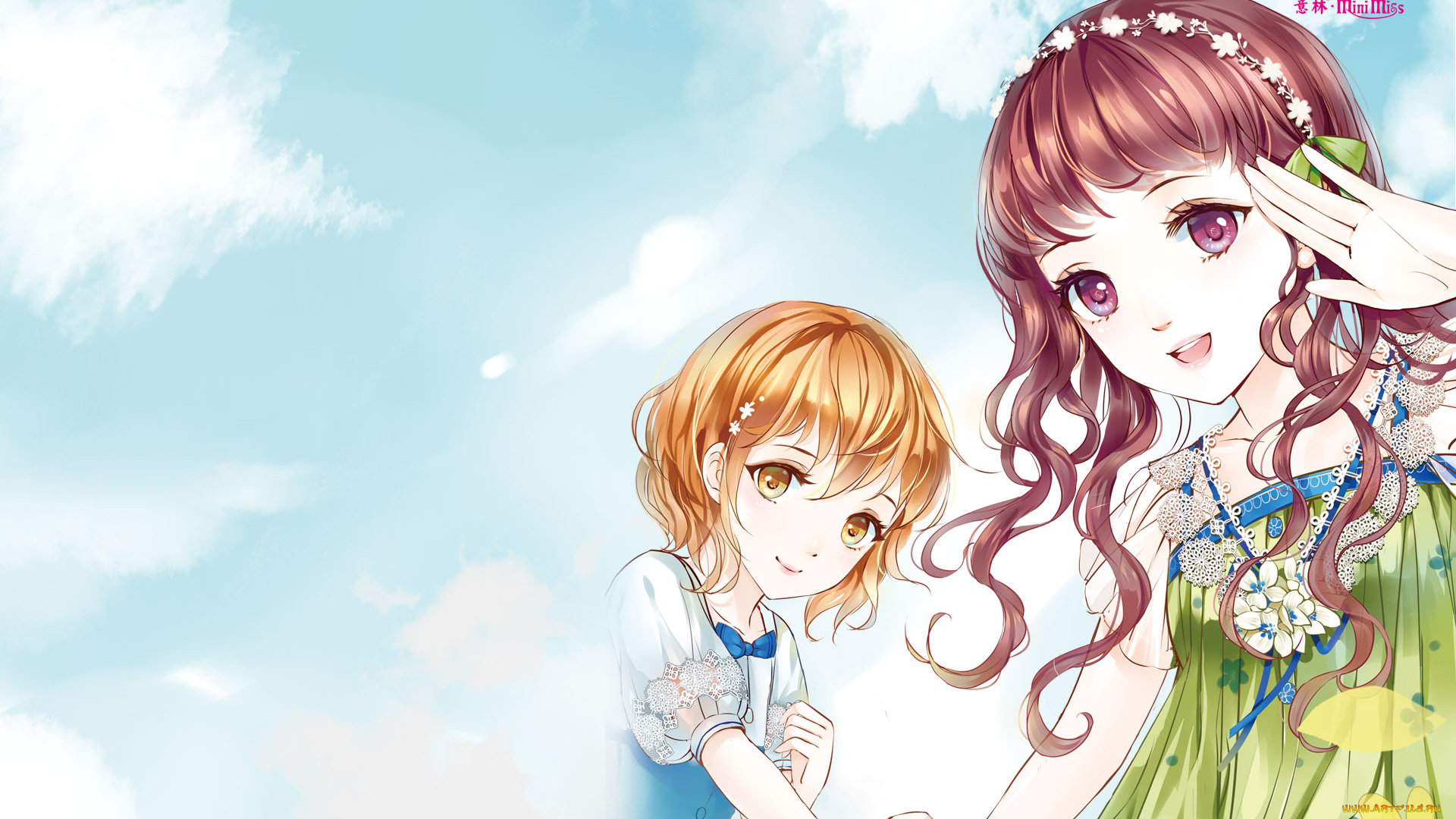 аниме, unknown, , другое, облака, фон, девушки, взгляд