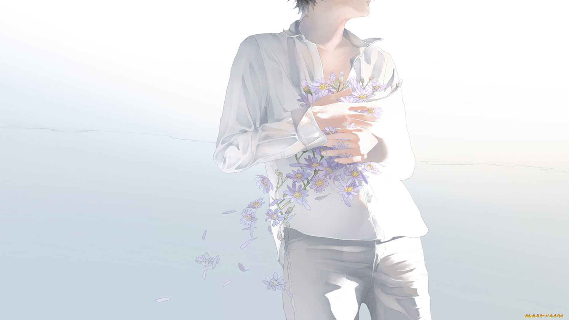 аниме, unknown, , другое, парень, re, art, белая, одежда, лепестки, цветы