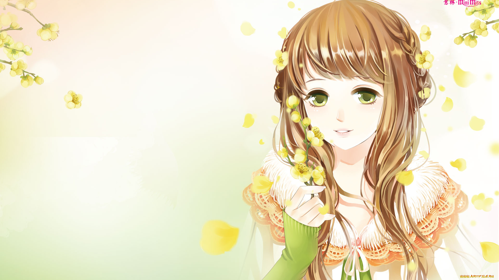 аниме, unknown, , другое, ветки, фон, взгляд, девушка