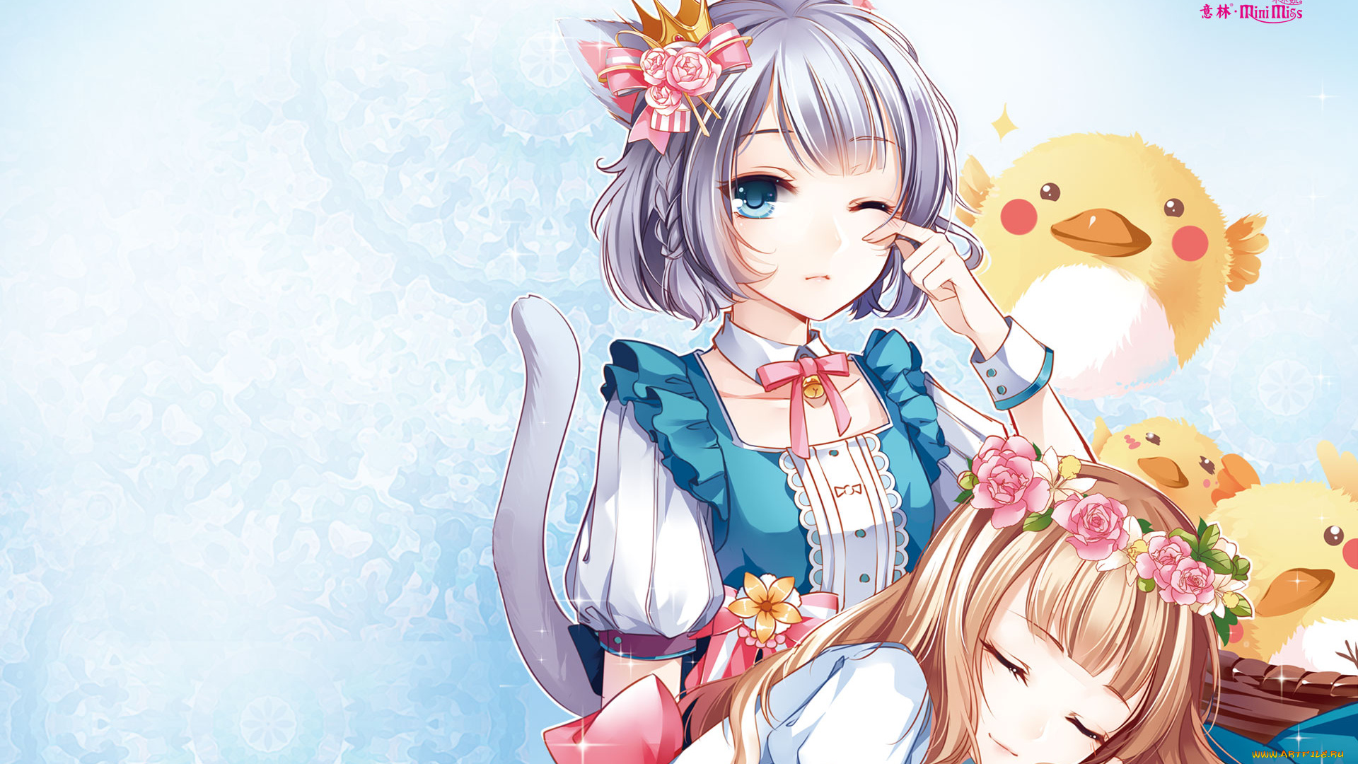 аниме, unknown, , другое, взгляд, венок, фон, девушки