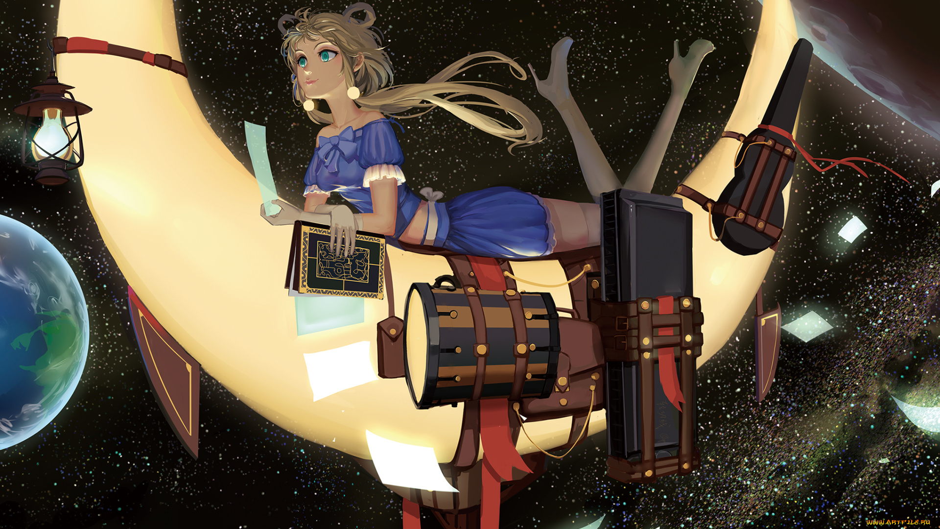 аниме, vocaloid, china, luo, tianyi, jiaoshouwen, арт, ночь, девушка, месяц