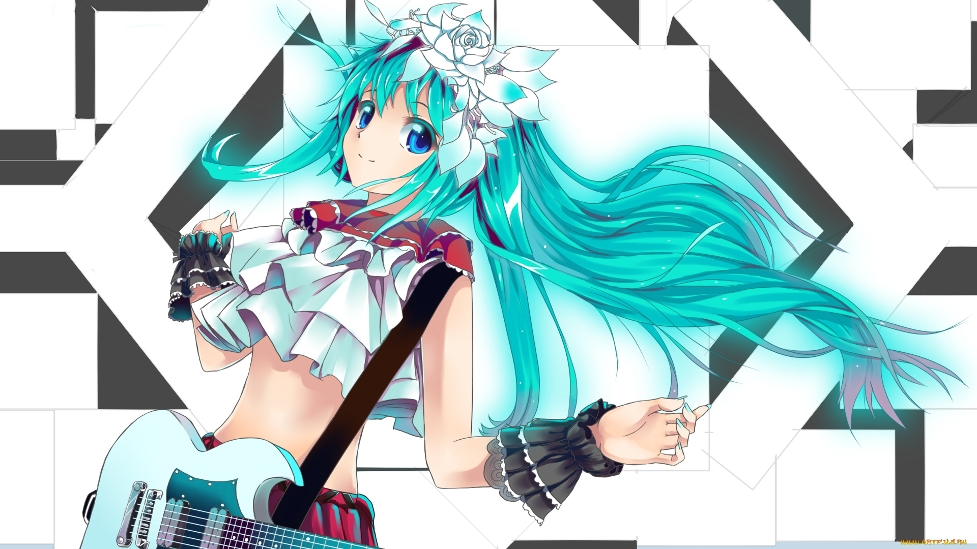аниме, vocaloid, hatsune, miku, цветы, гитара, арт, девушка