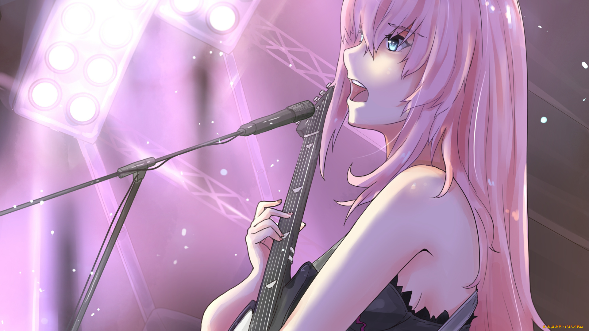аниме, vocaloid, megurine, luka, soompook2122, свет, гитара, микрофон, музыка, арт, девушка, певица