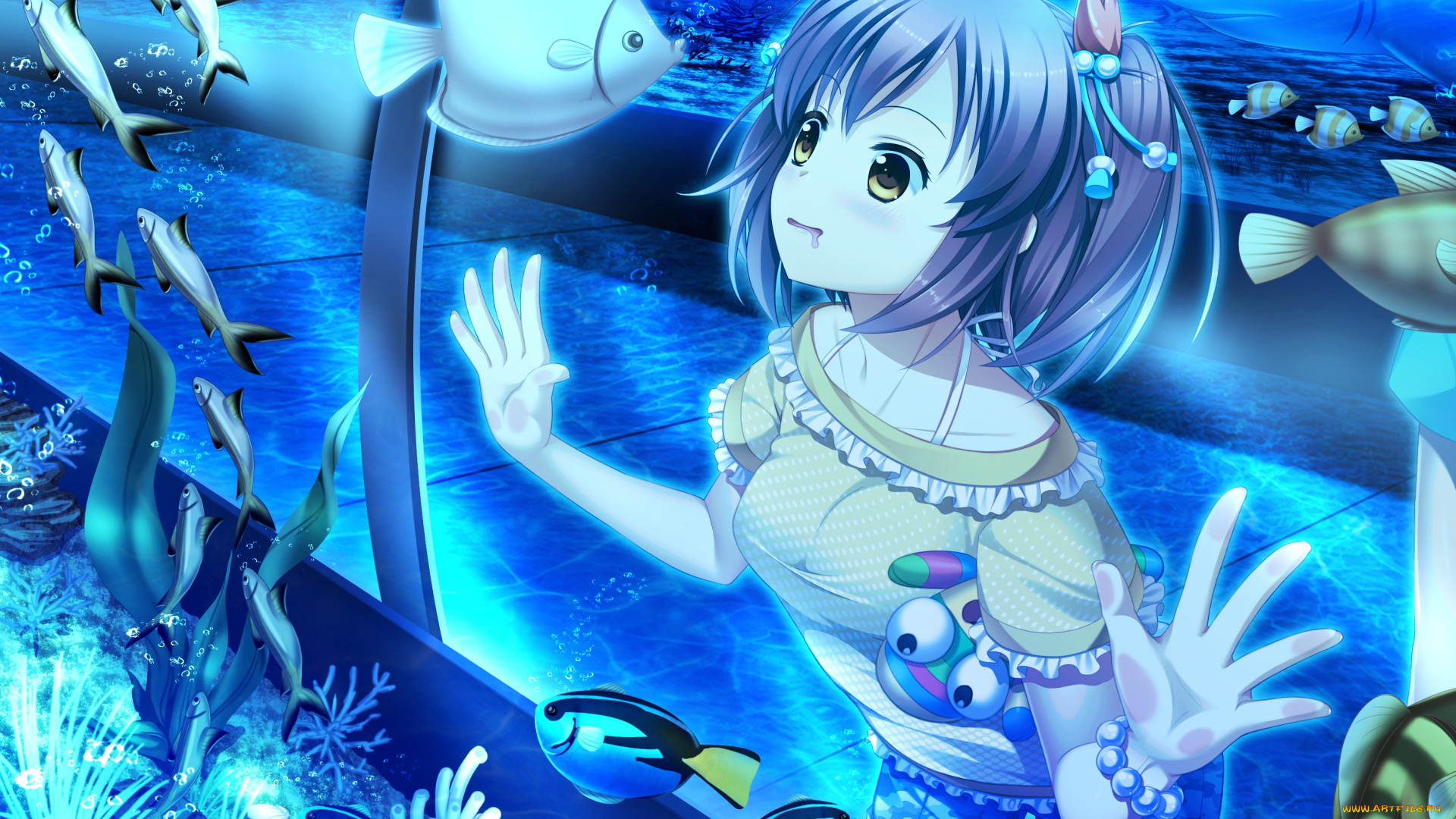 аниме, животные, , существа, аквариум, арт, 33paradox, девушка, рыбки