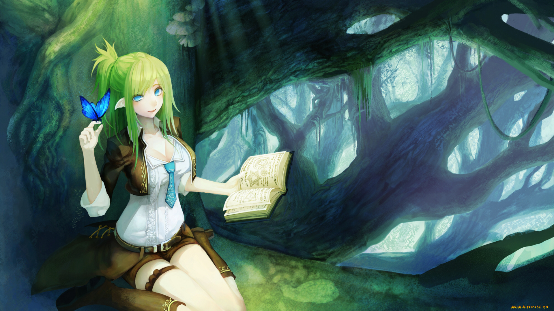 аниме, животные, , существа, бабочка, книга, арт, эльф, лес, девушка