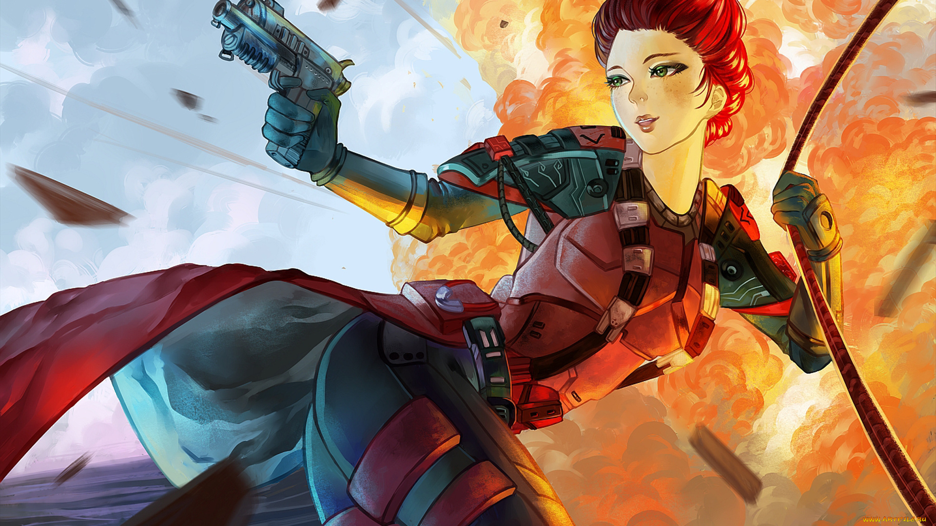 фэнтези, девушки, девушка, пистолет, солдат, взрыв, костюм, веревка, плащ, взгляд, рыжая, major, debora