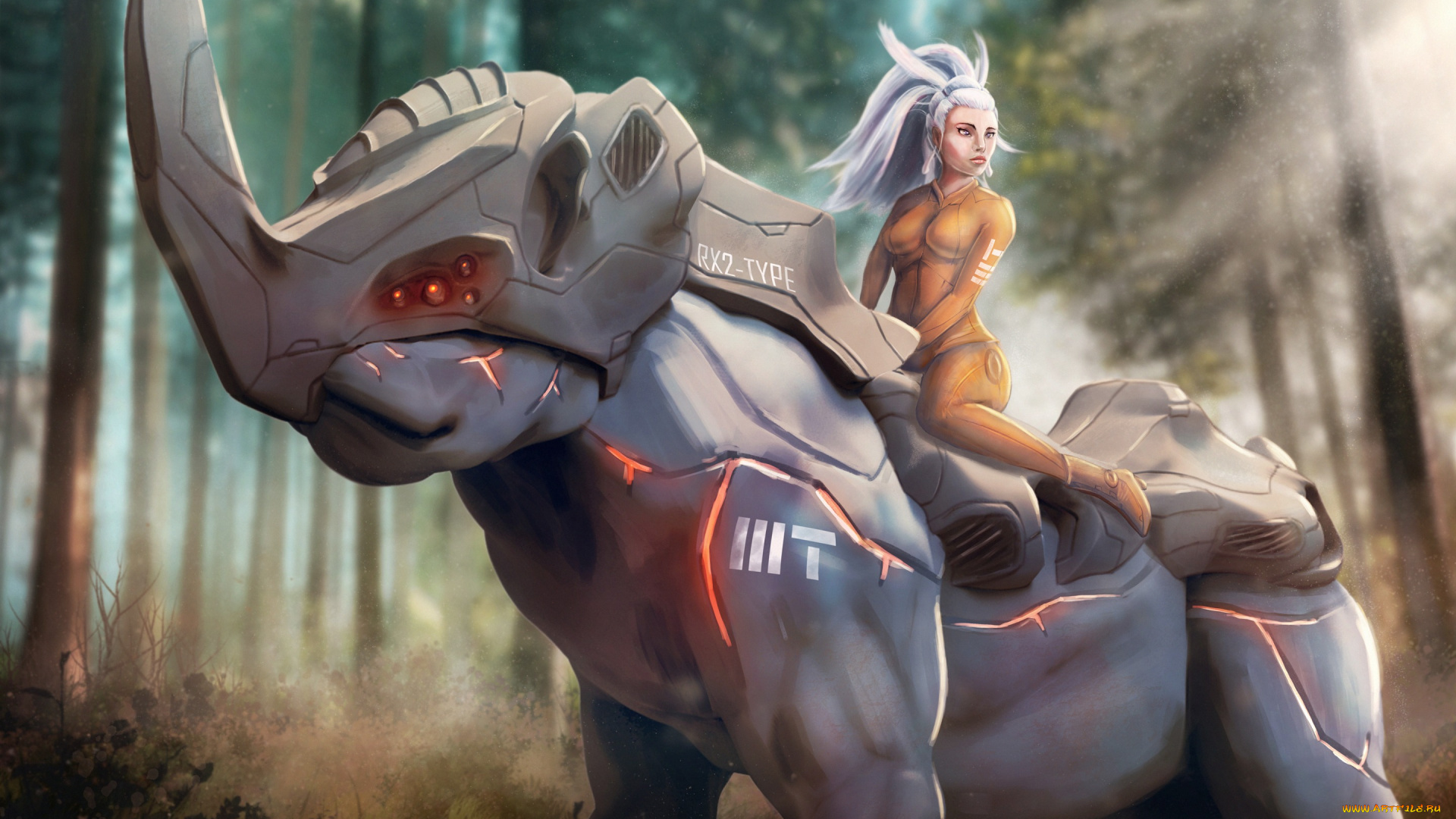 фэнтези, красавицы, и, чудовища, девушка, робот, носорог, лес, фантастика, взгляд, белые, волосы