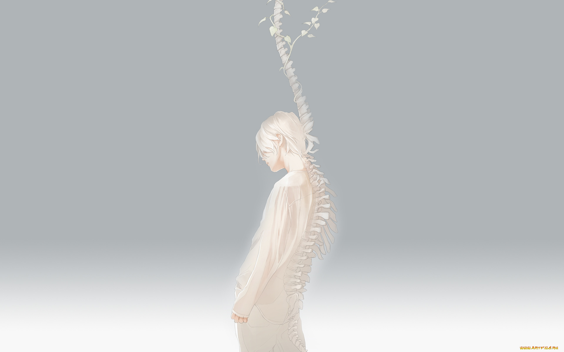 аниме, unknown, , другое, белый, ветки, скелет, спина, re, парень, art