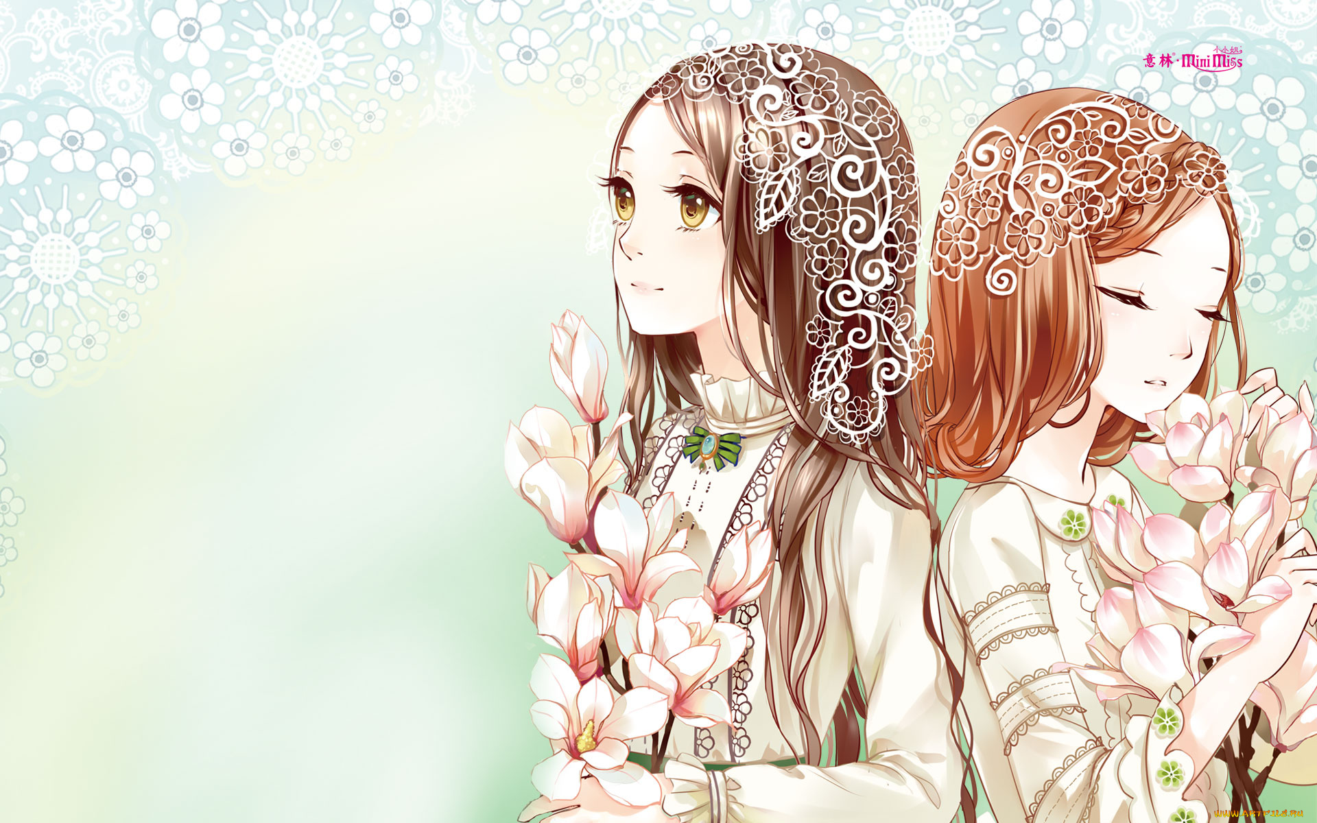 аниме, unknown, , другое, цветы, фон, взгляд, девушки