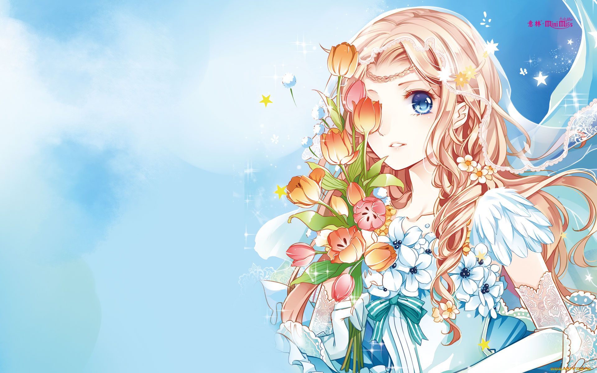 аниме, unknown, , другое, цветы, взгляд, девушка, фон