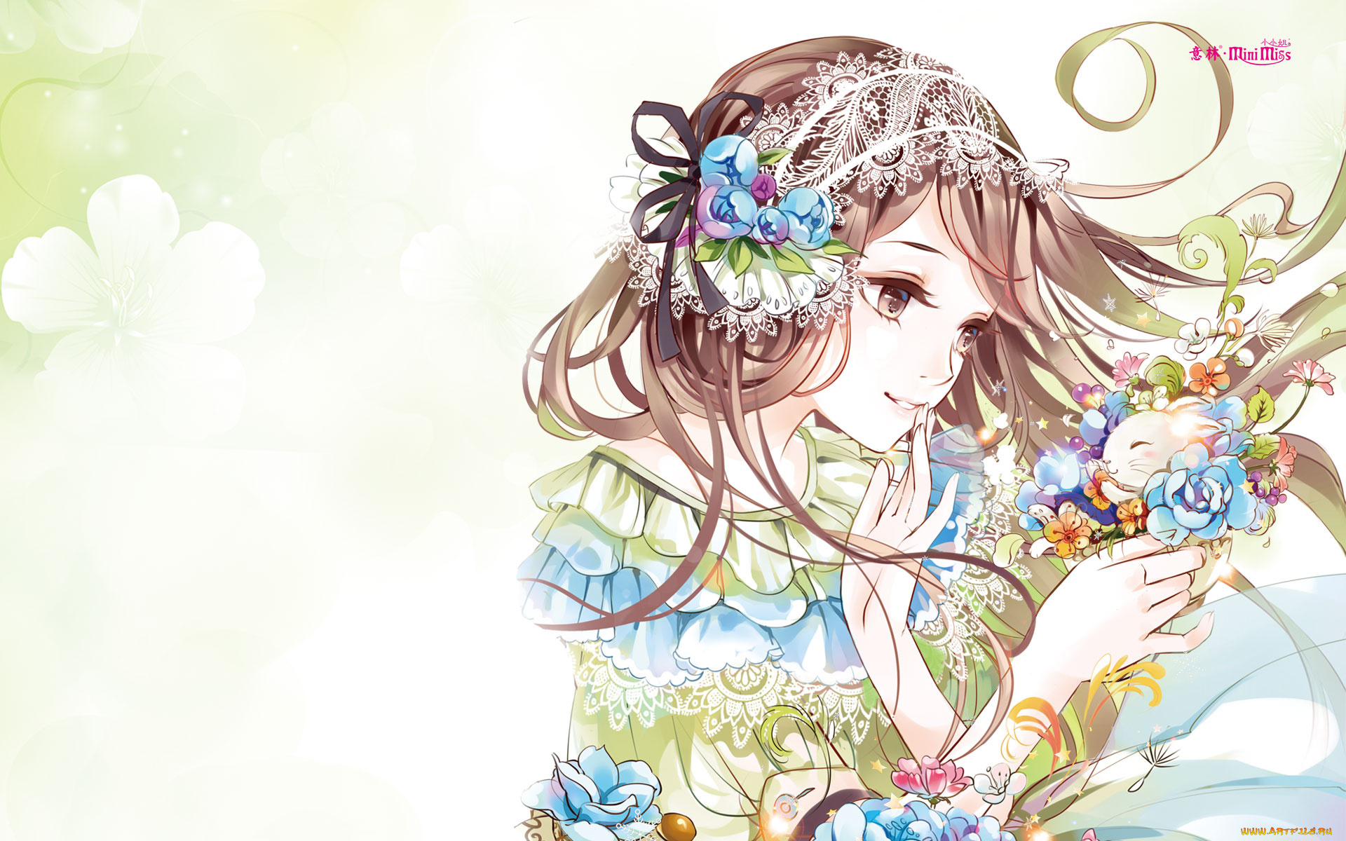 аниме, unknown, , другое, девушка, взгляд, фон, цветы