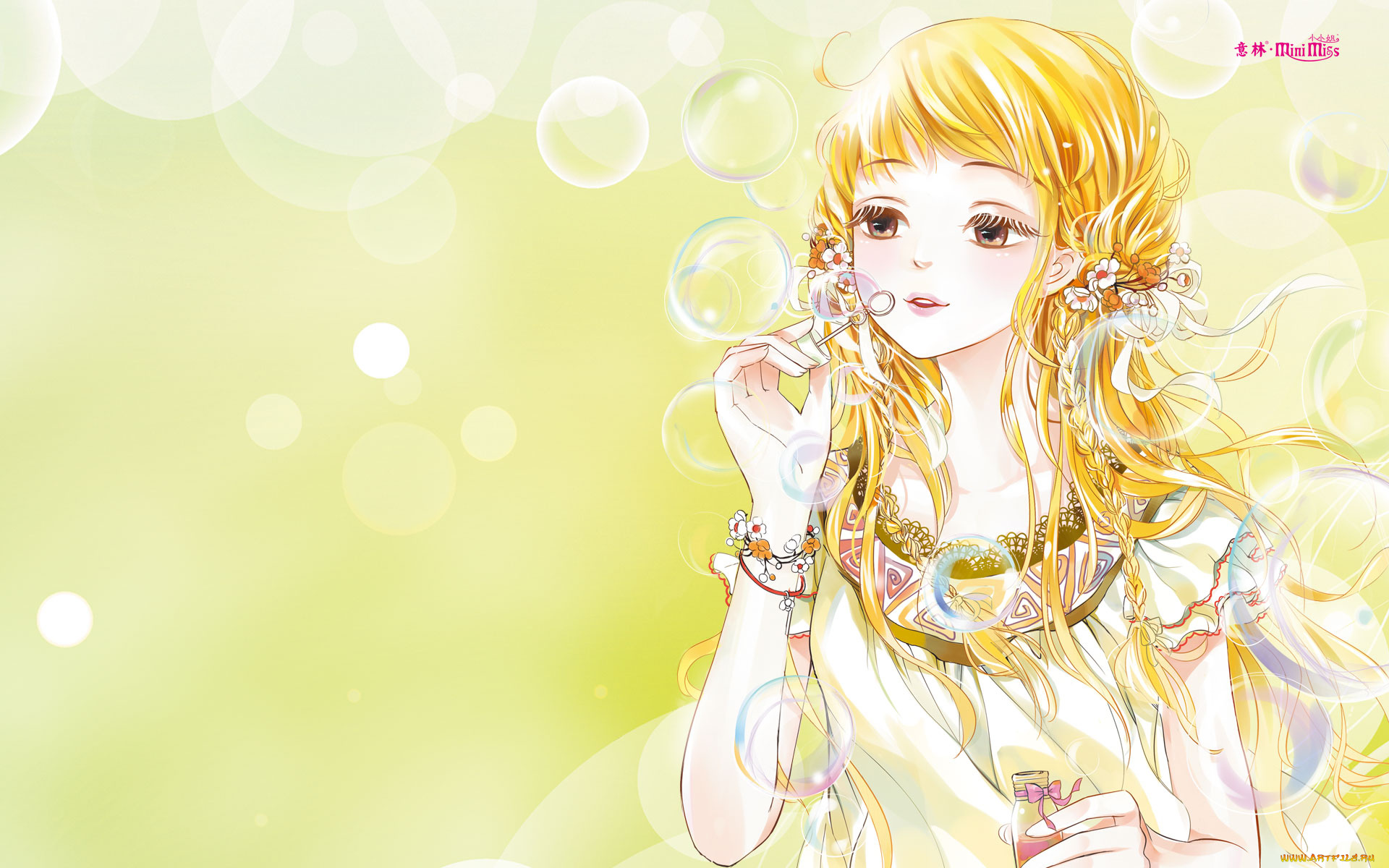 аниме, unknown, , другое, девушка, взгляд, фон, пузырки