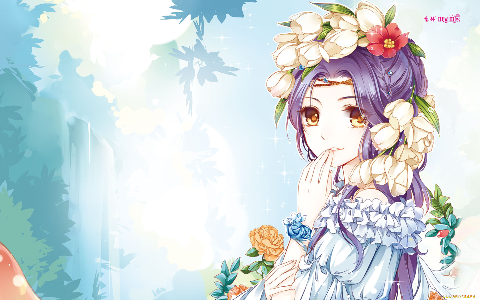 аниме, unknown, , другое, фон, девушка, цветы, взгляд