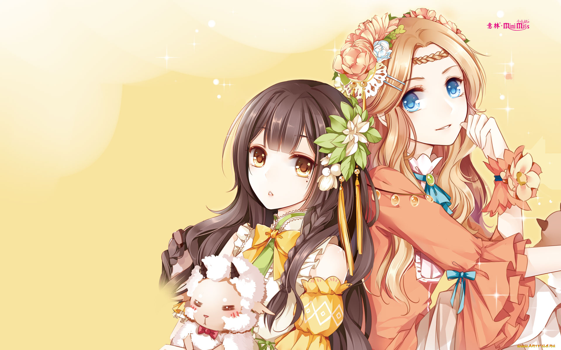 аниме, unknown, , другое, игрушка, фон, цветы, взгляд, девушки