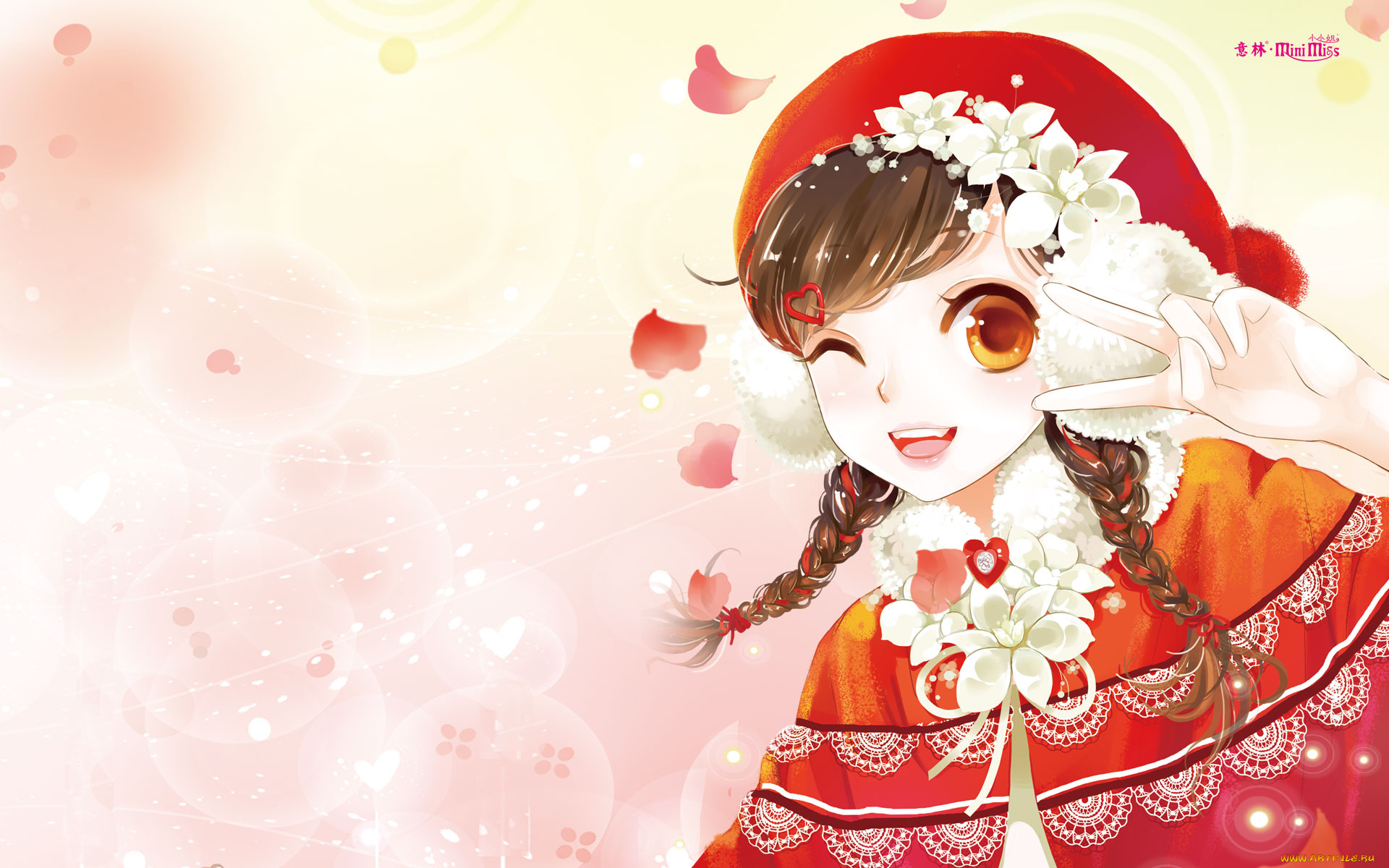 аниме, unknown, , другое, косички, улыбка, фон, взгляд, девушка