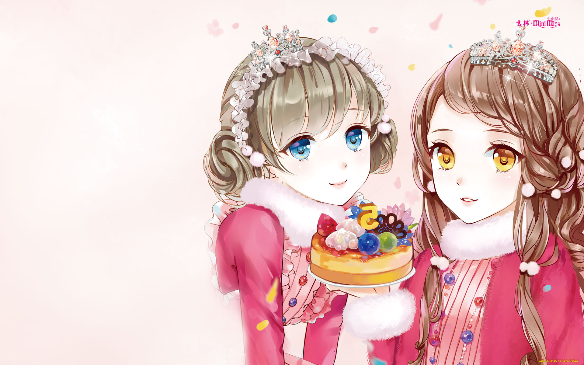 аниме, unknown, , другое, торт, фон, девушки, взгляд