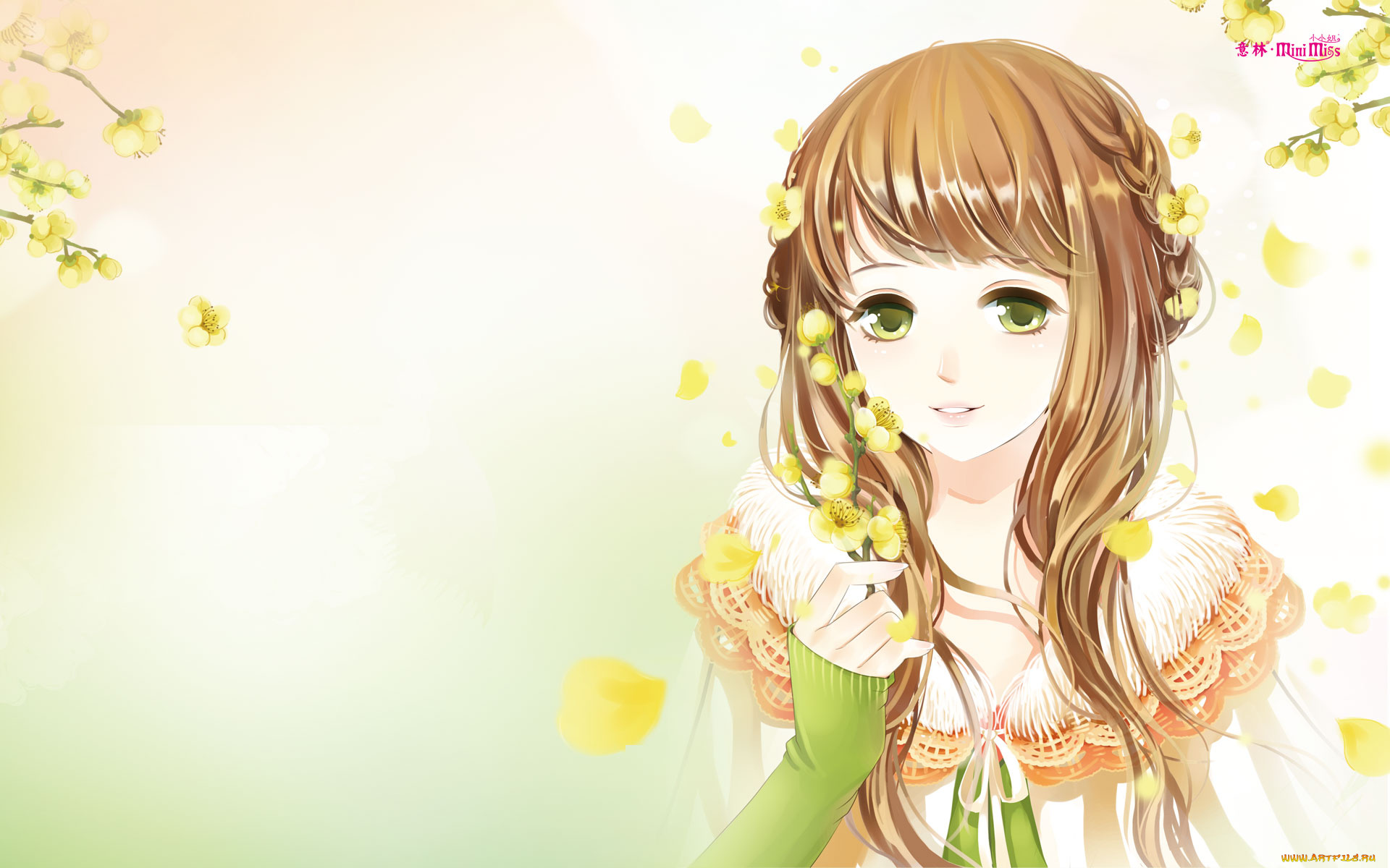 аниме, unknown, , другое, ветки, фон, взгляд, девушка