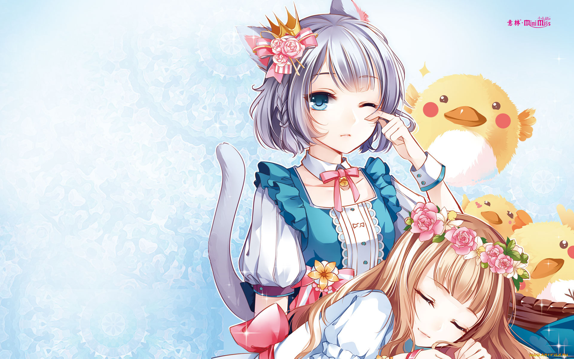 аниме, unknown, , другое, взгляд, венок, фон, девушки