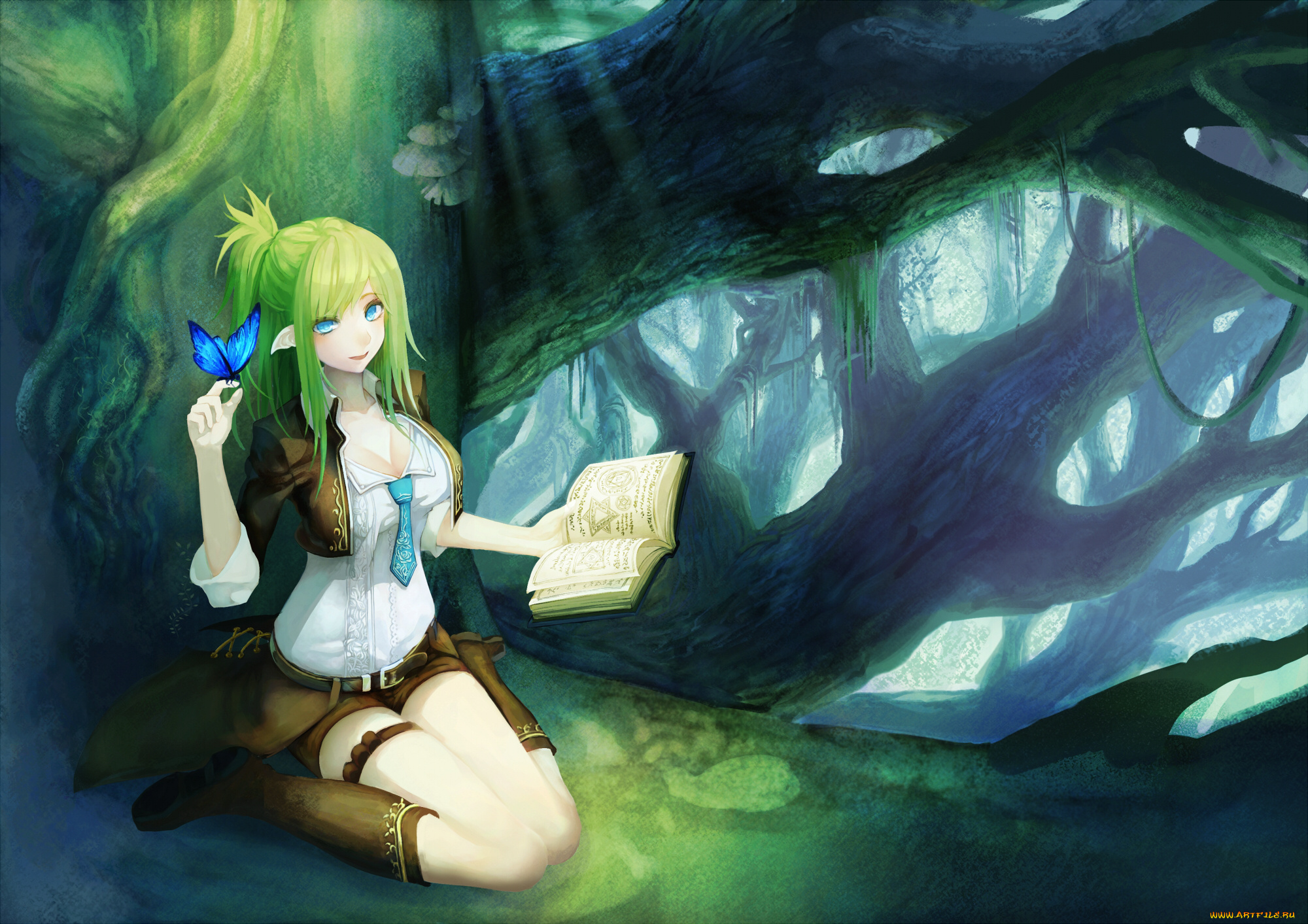 аниме, животные, , существа, бабочка, книга, арт, эльф, лес, девушка