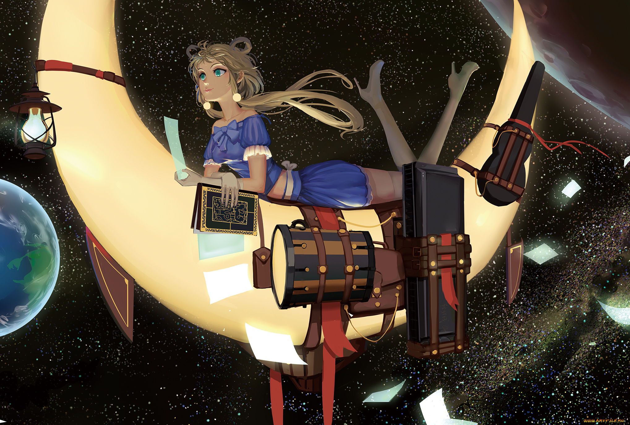 аниме, vocaloid, china, luo, tianyi, jiaoshouwen, арт, ночь, девушка, месяц