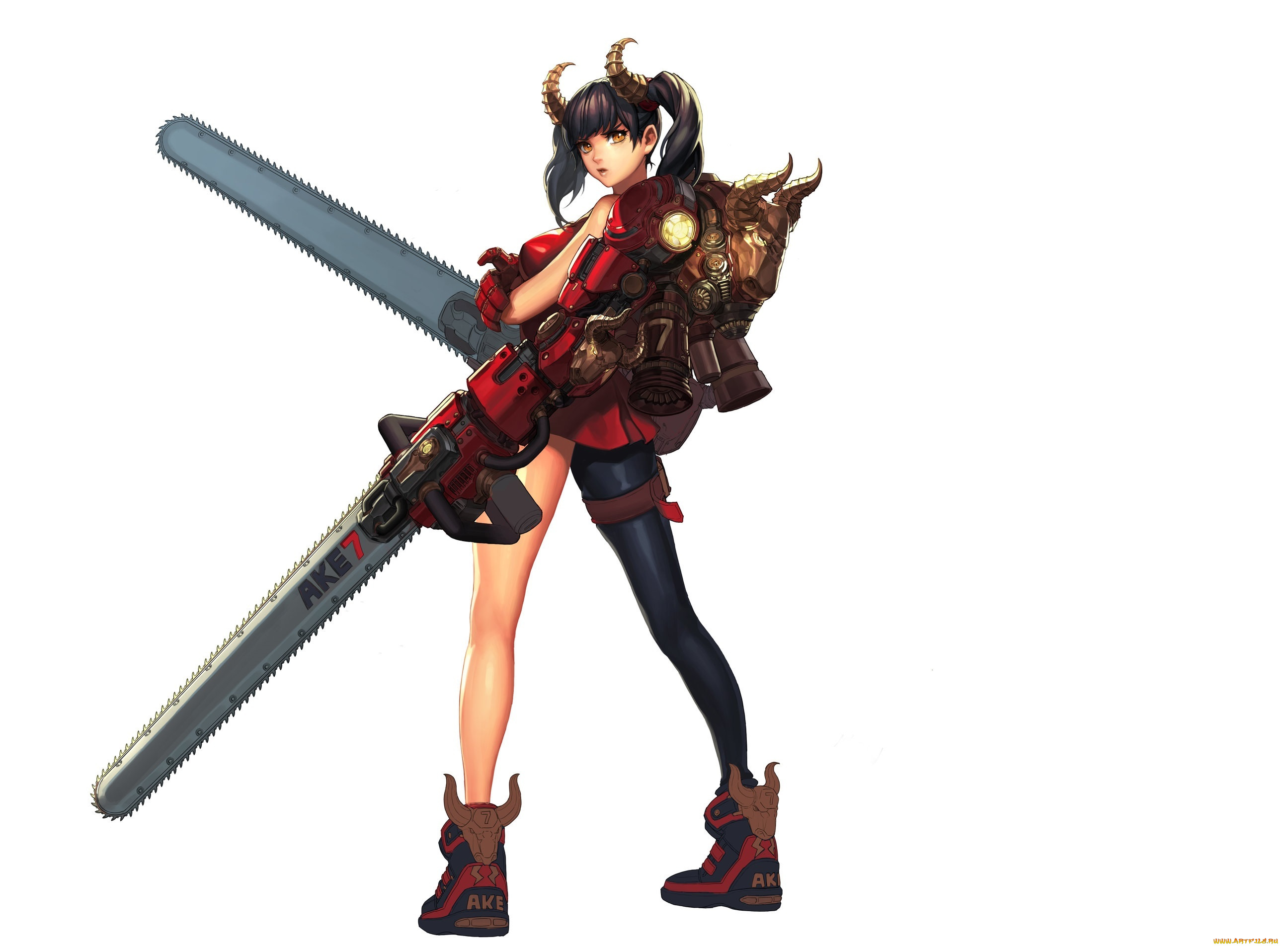 аниме, оружие, , техника, , технологии, взгляд, девушка, эротика, фон, бензопила, рожки, рога