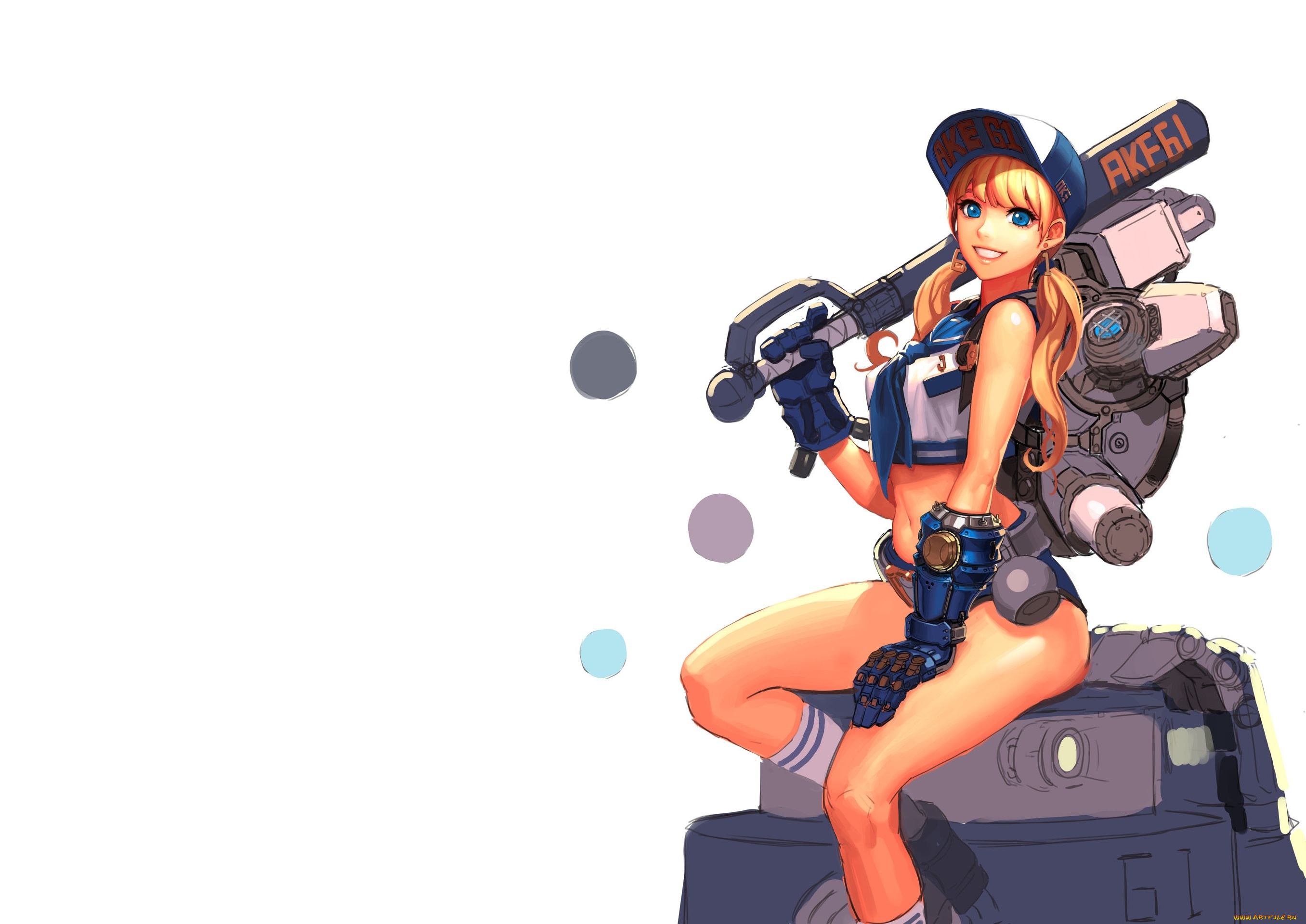 аниме, оружие, , техника, , технологии, улыбка, сидит, взгляд, девушка, эротика