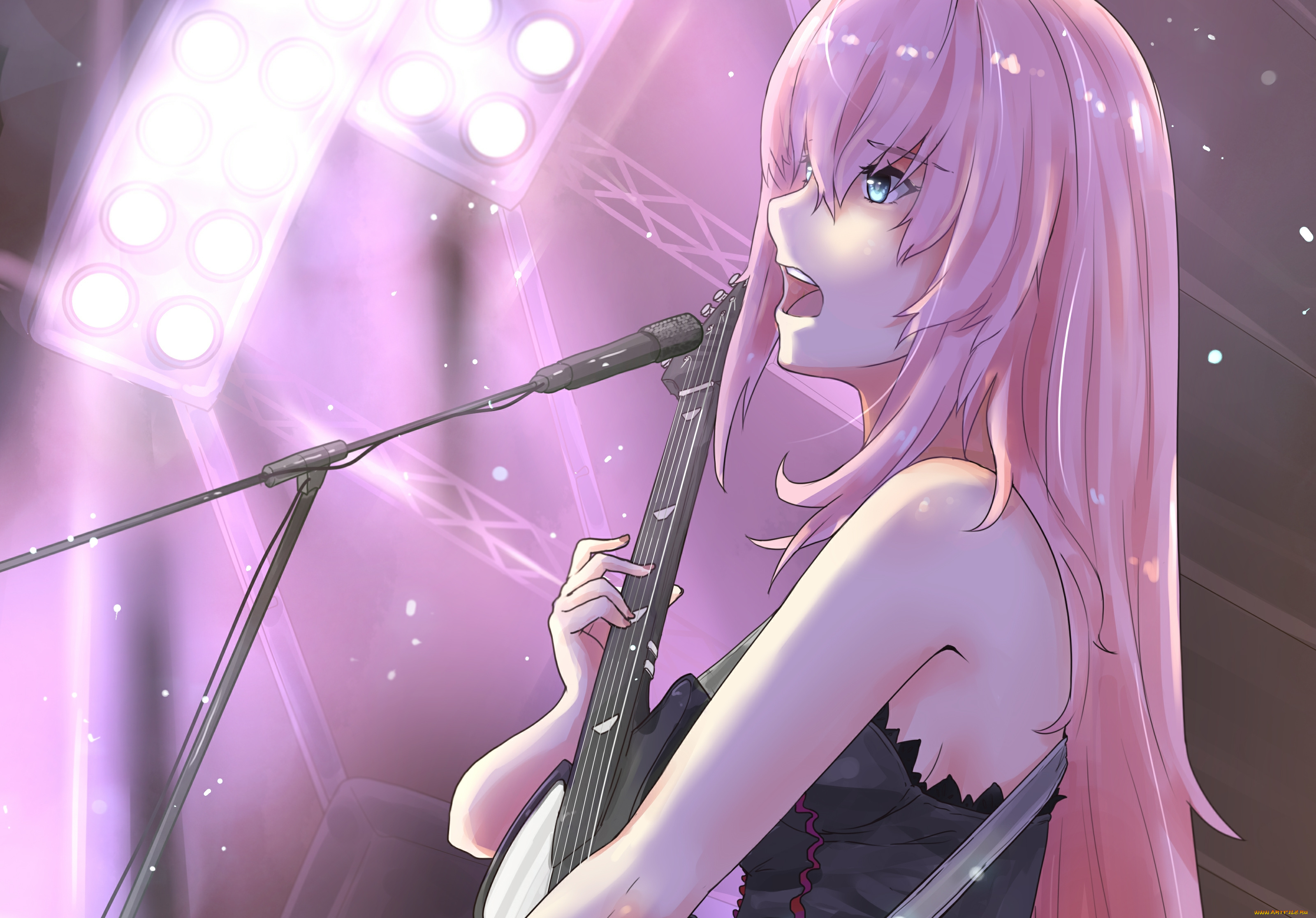 аниме, vocaloid, megurine, luka, soompook2122, свет, гитара, микрофон, музыка, арт, девушка, певица