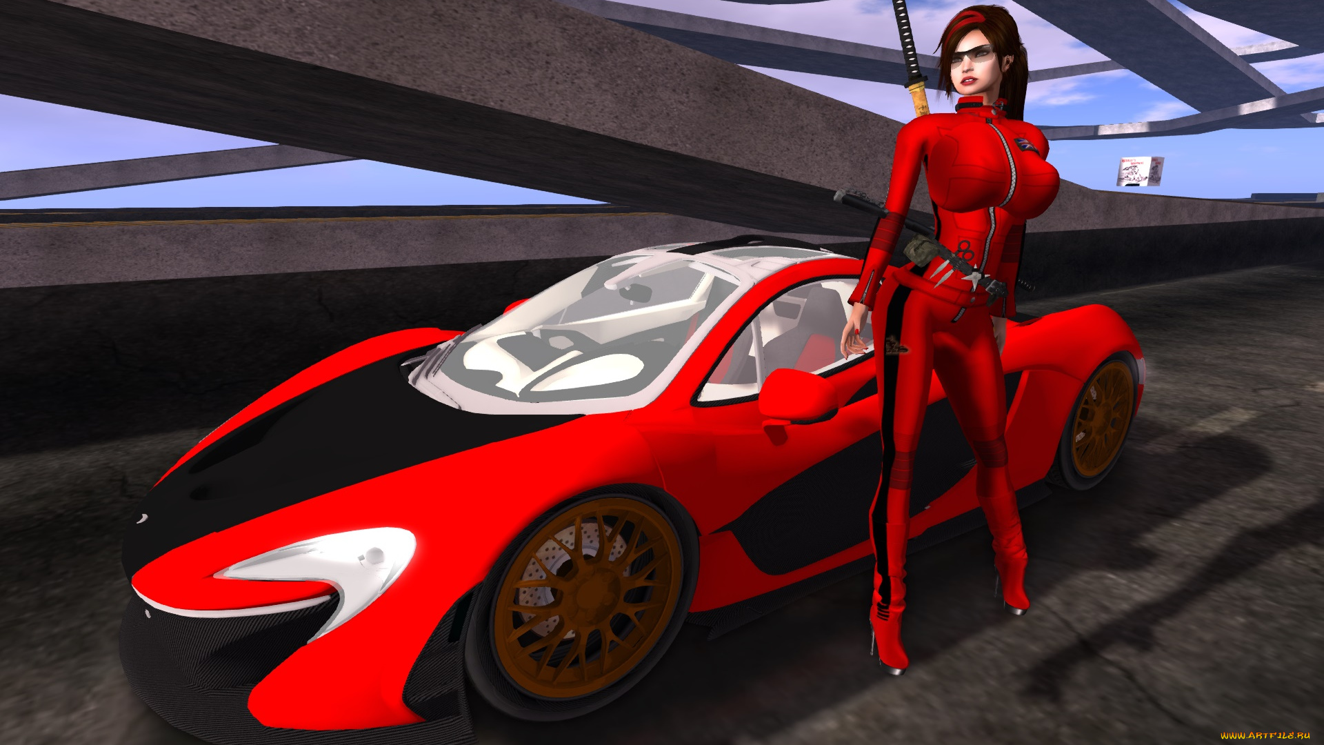 3д, графика, люди-авто, мото, , people-, car, , , moto, автомобиль, фон, взгляд, девушка
