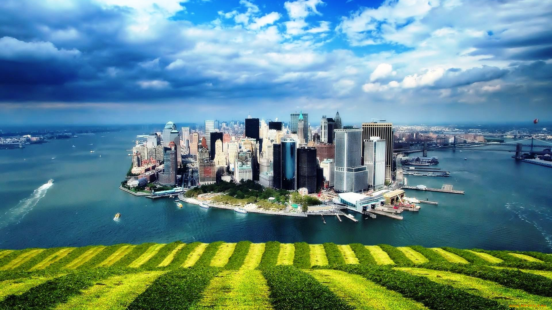 города, нью-йорк, , сша, остров, небоскребы, луга, склон, манхэттен