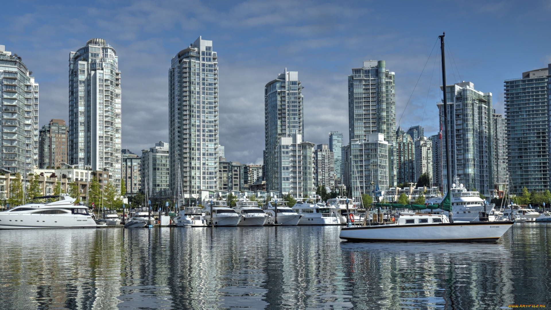 города, ванкувер, , канада, яхты, здания, набережная, катера, порт, британская, колумбия, ванкувер