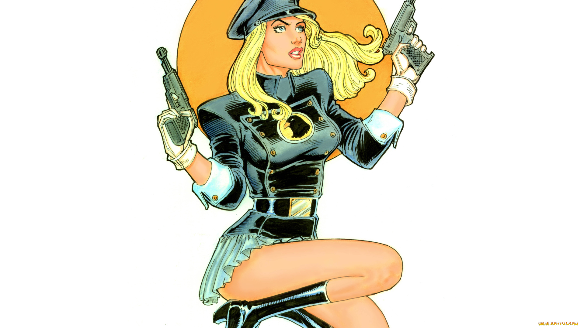 рисованное, комиксы, пистолет, униформа, фон, девушка