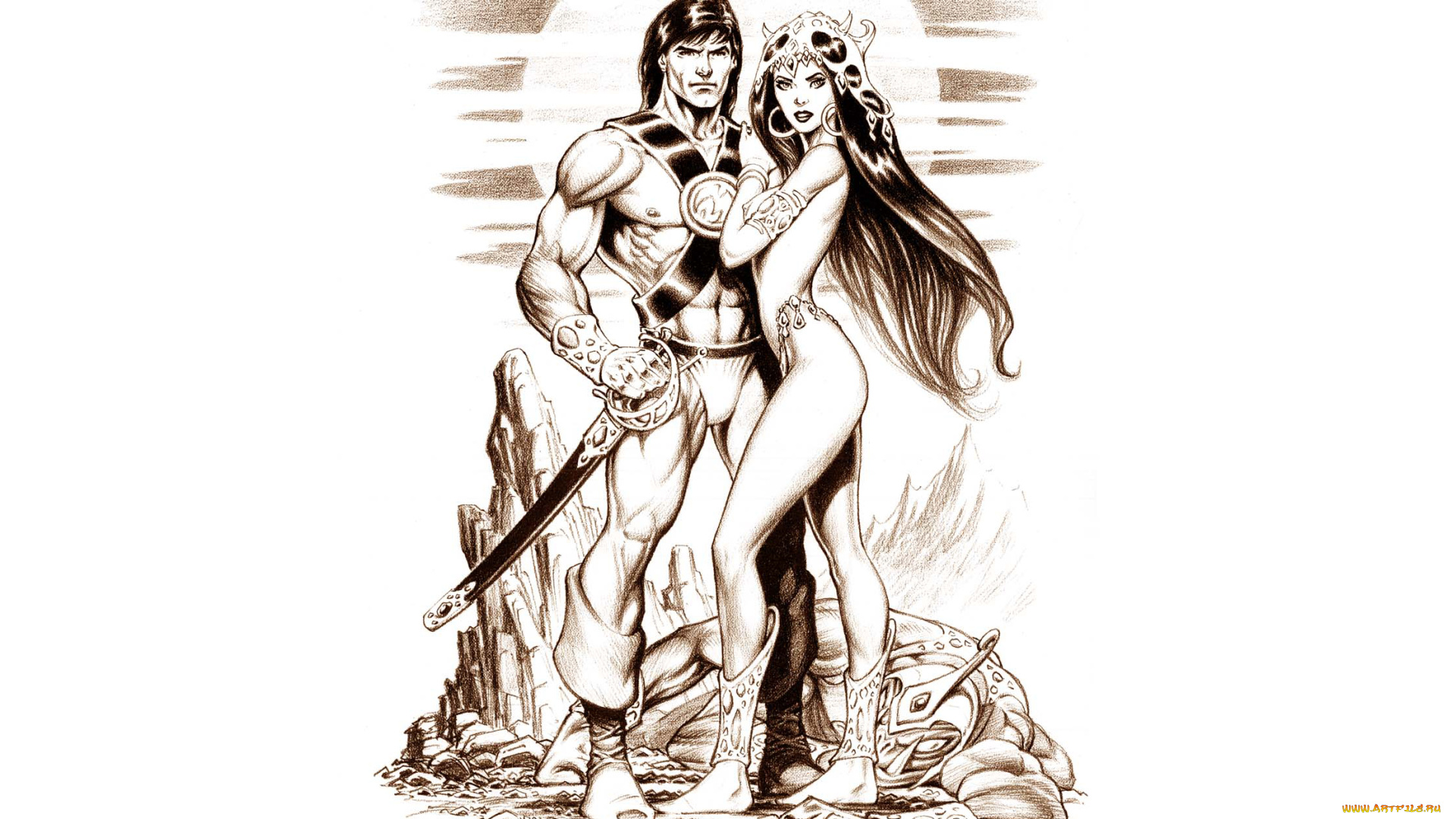 рисованное, люди, фон, взгляд, меч, девушка, мужчина