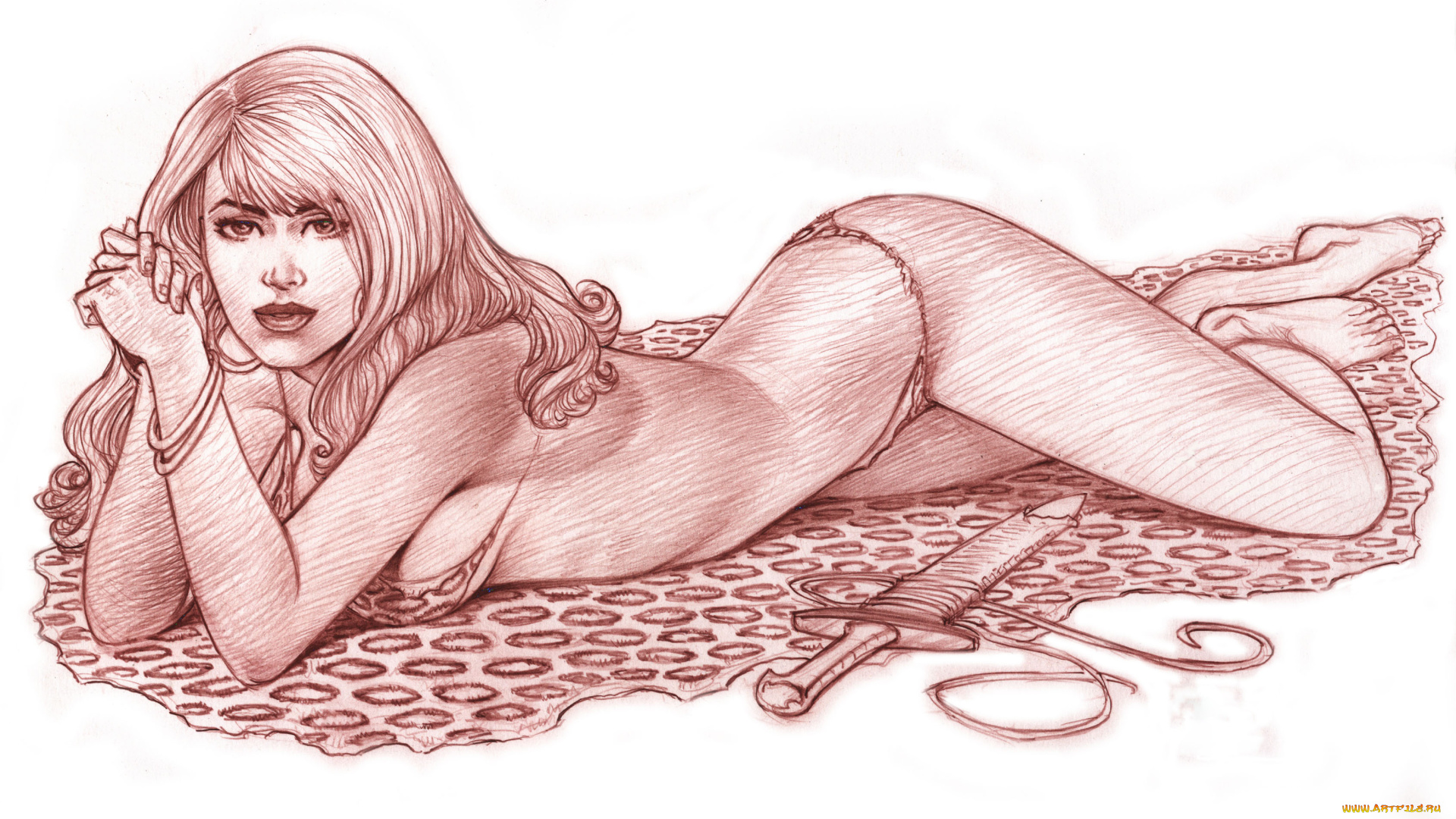 рисованное, люди, взгляд, фон, девушка, шкура, меч