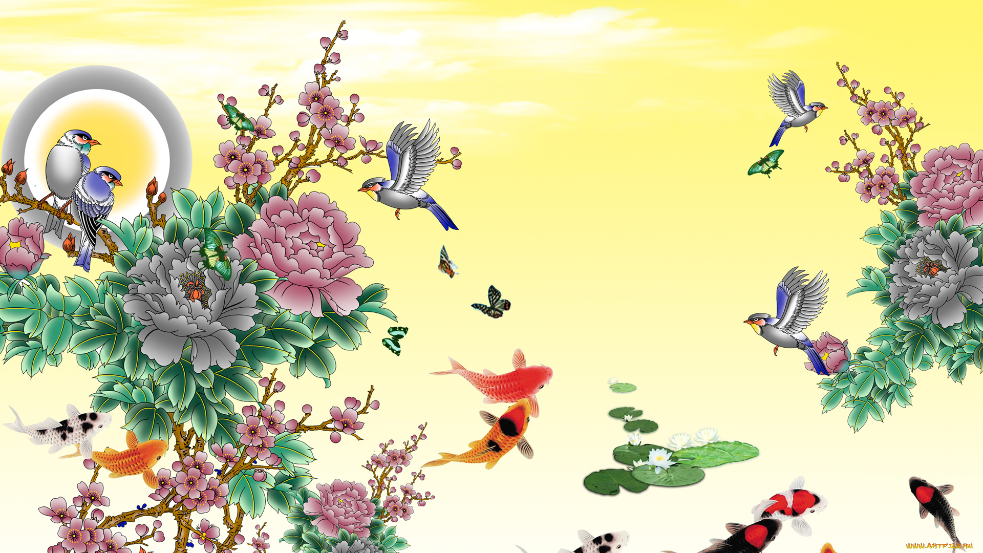 векторная, графика, цветы, , flowers, цветы, птицы, фон