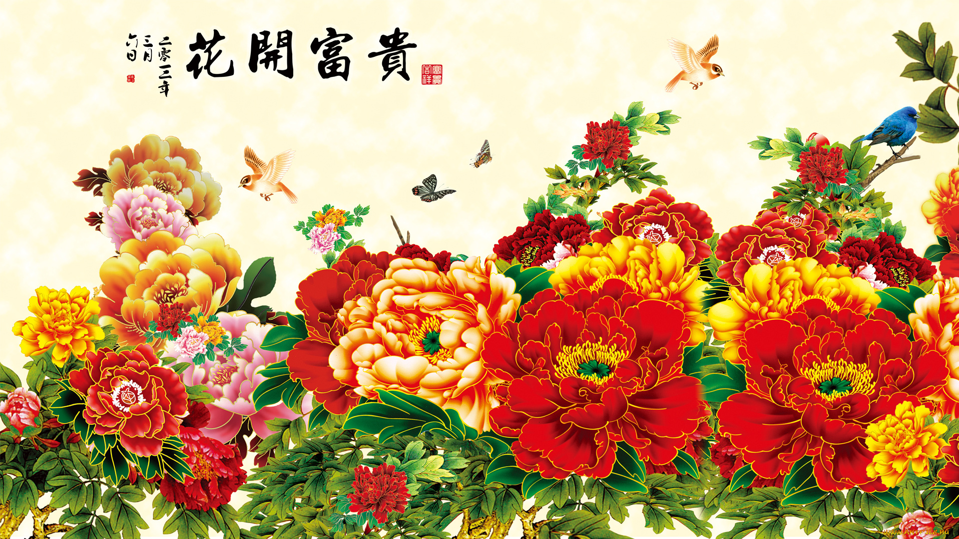 векторная, графика, цветы, , flowers, птицы, фон, цветы