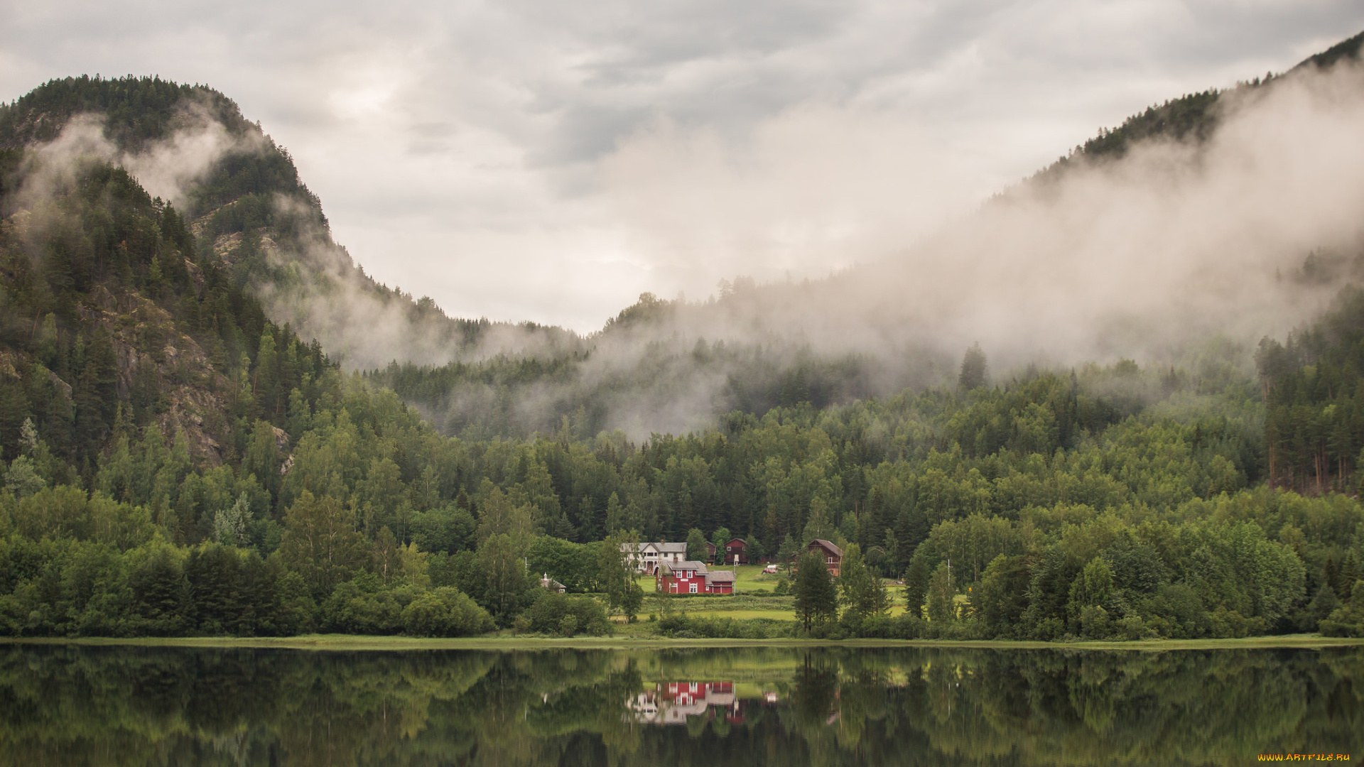 города, -, пейзажи, облака, деревья, зеркало, горы, отражение, дом, озеро