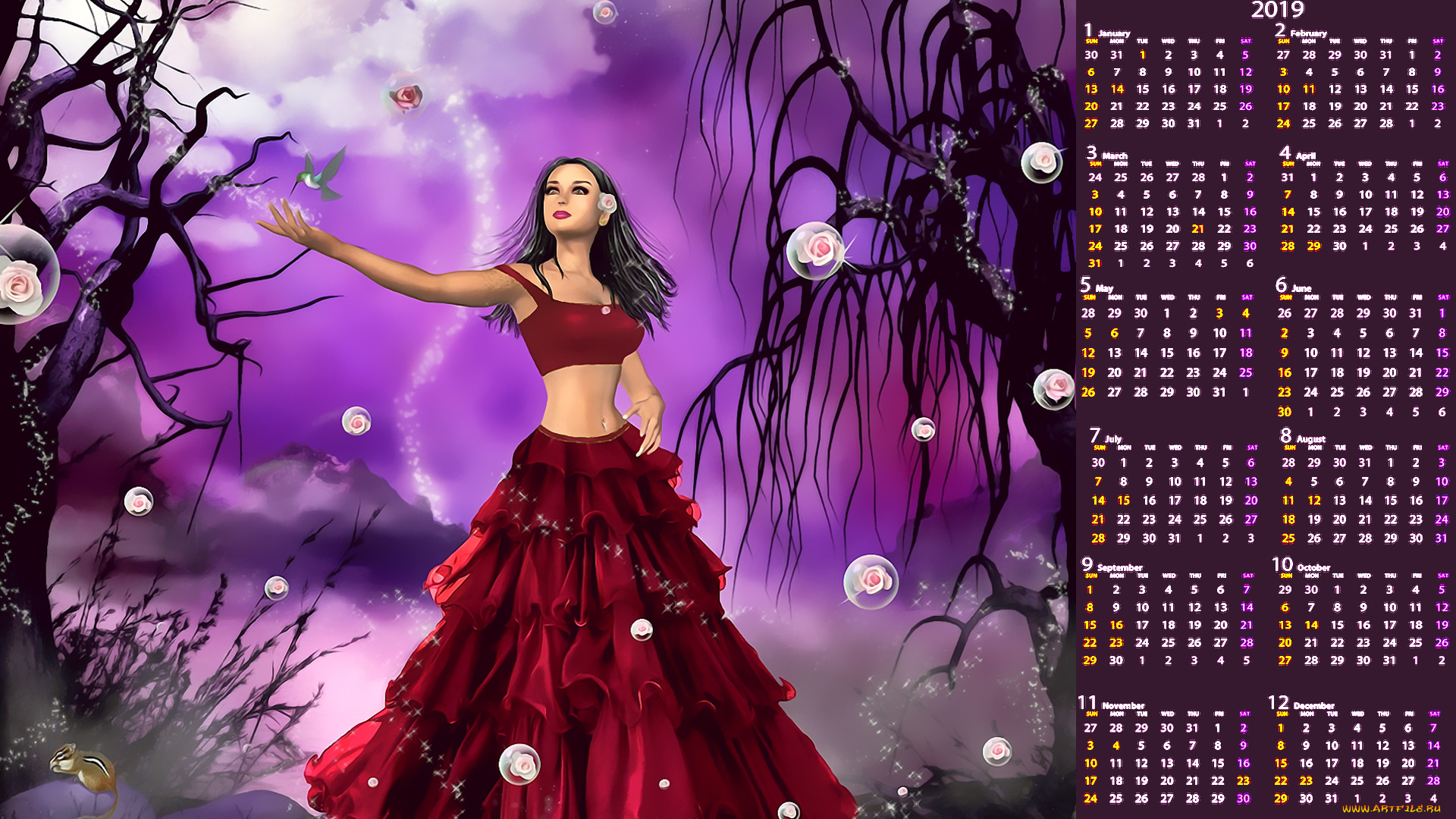 календари, 3д-графика, дерево, цветы, птица, девушка