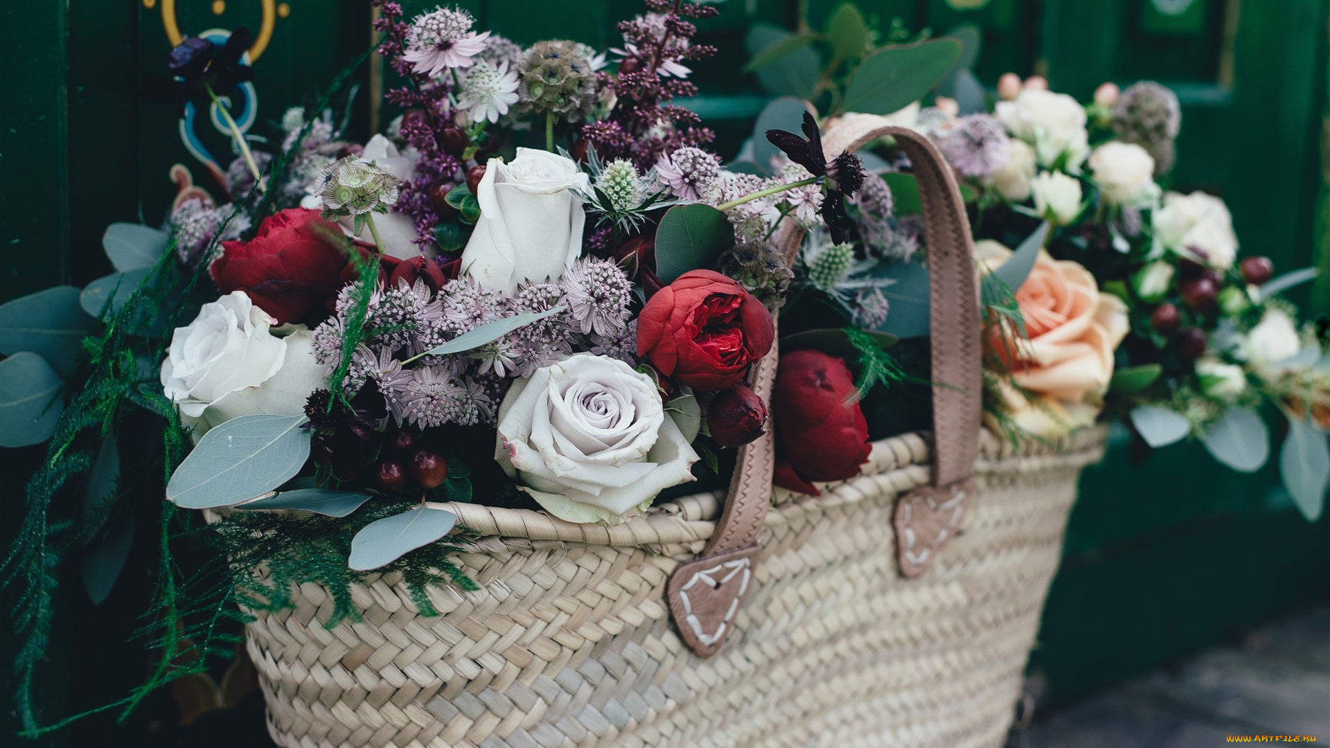 цветы, букеты, , композиции, корзинка, розы, бутоны