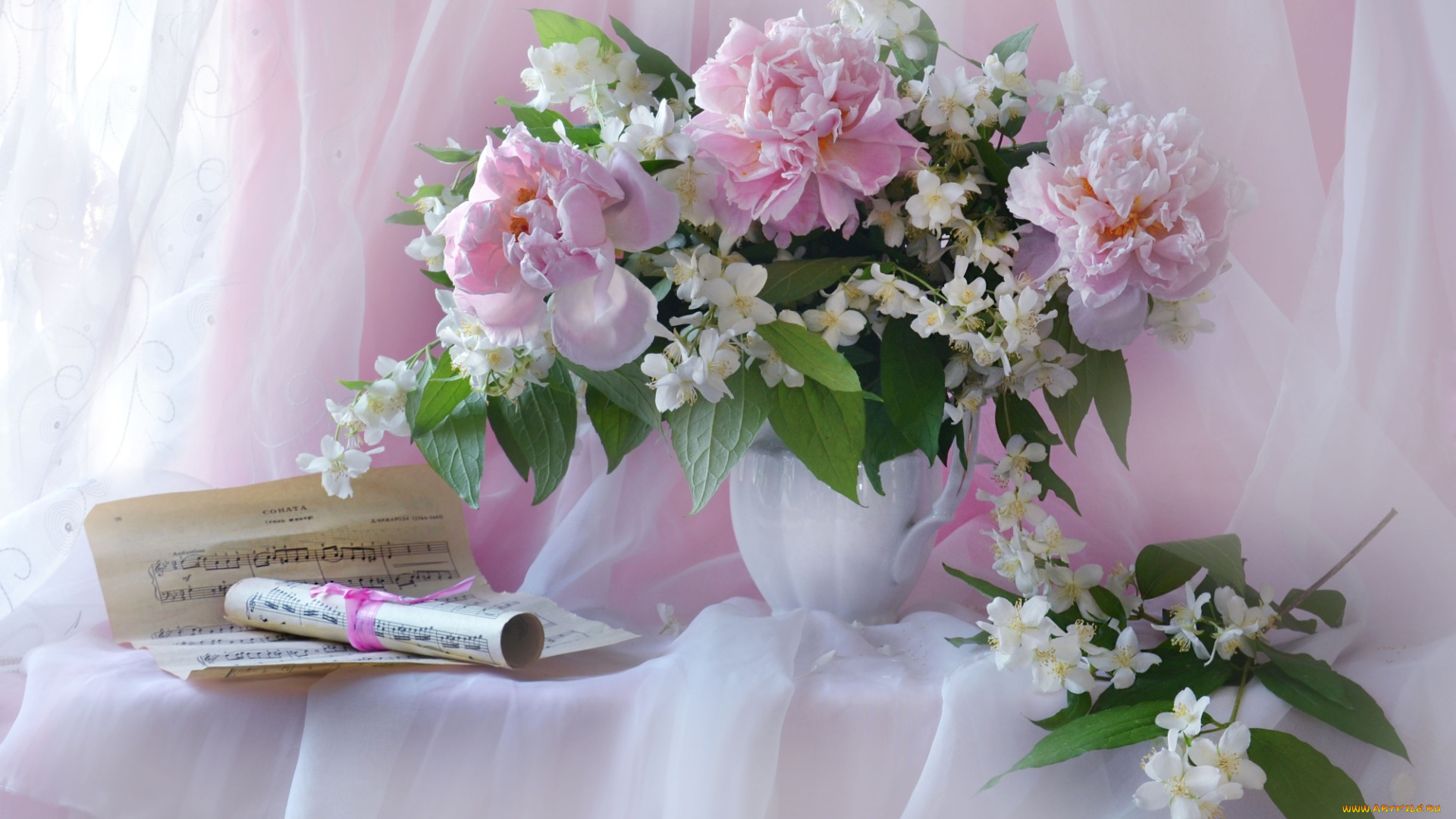 цветы, букеты, , композиции, жасмин, пионы, ноты