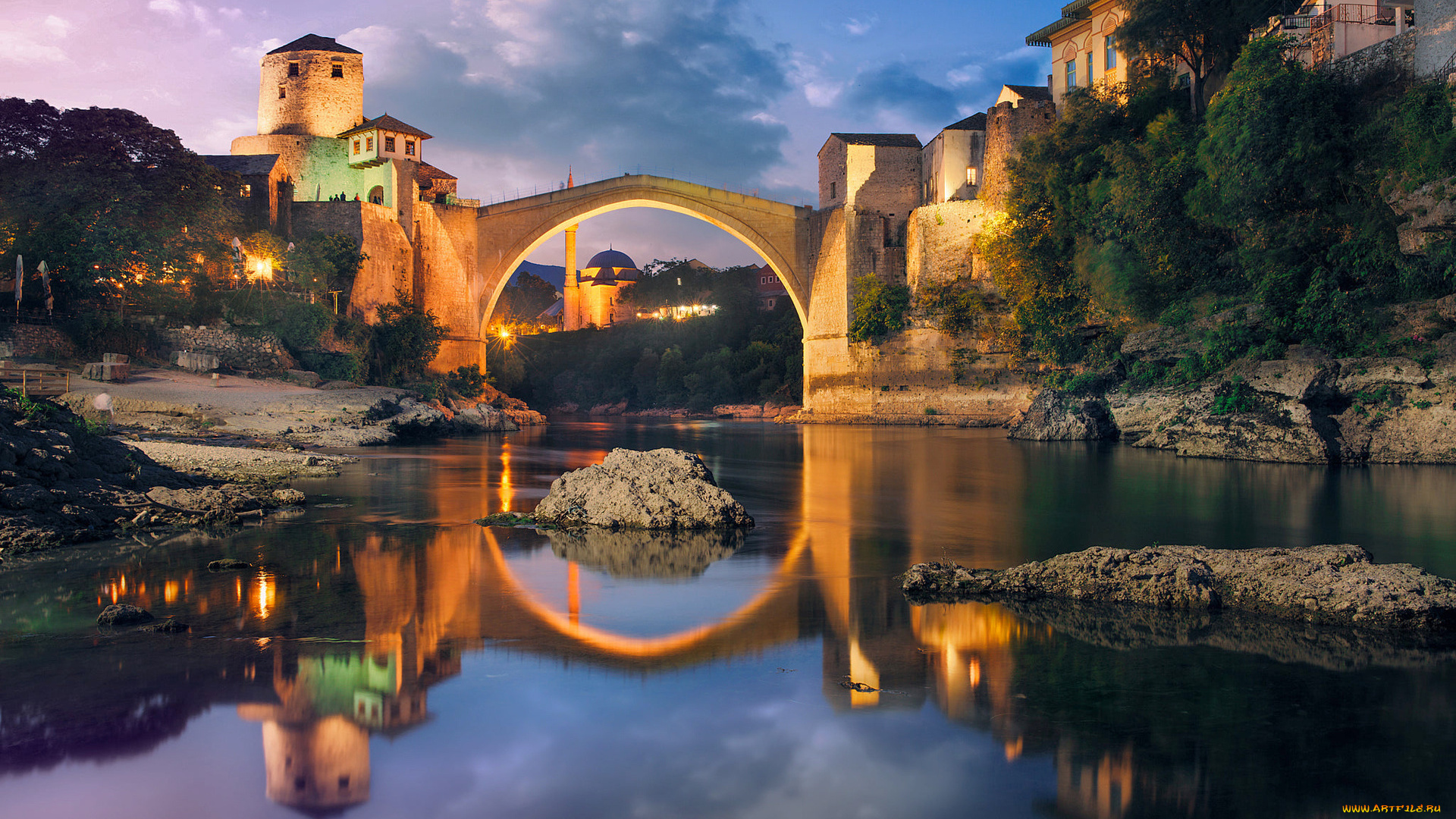 города, мостар, , босния, и, герцеговина, река, мост, вечер, огни