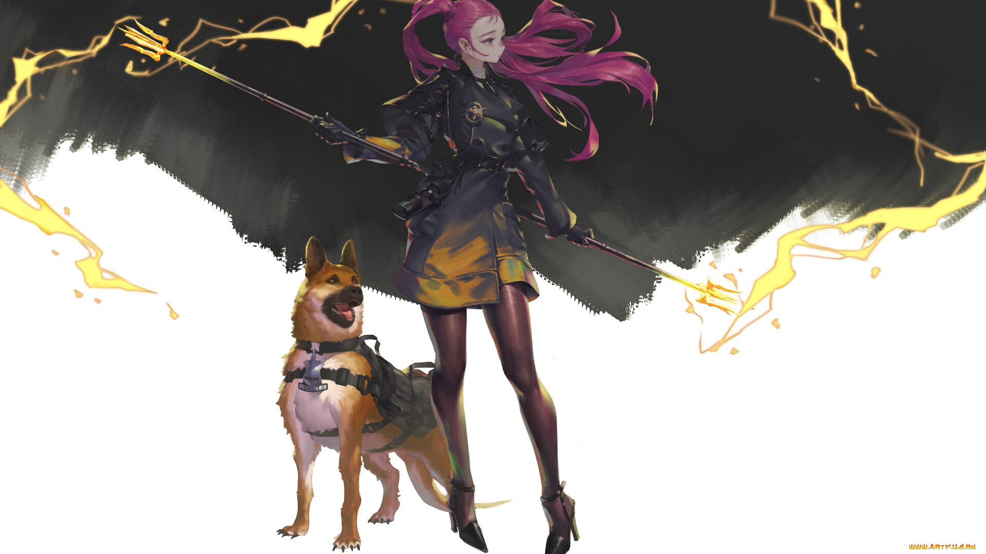 аниме, магия, , колдовство, , halloween, девушка, посох, собака