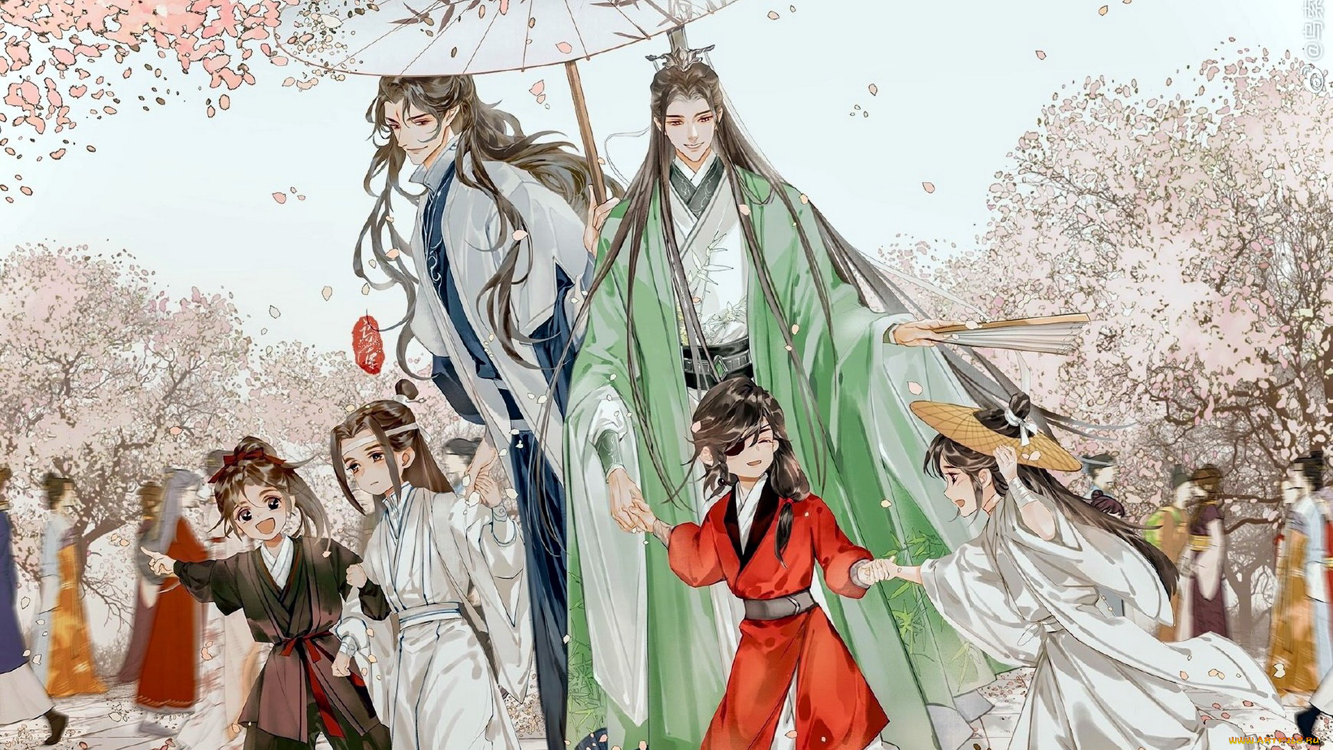 аниме, unknown, , другое, , персонажи, дети, зонт, цветение, весна