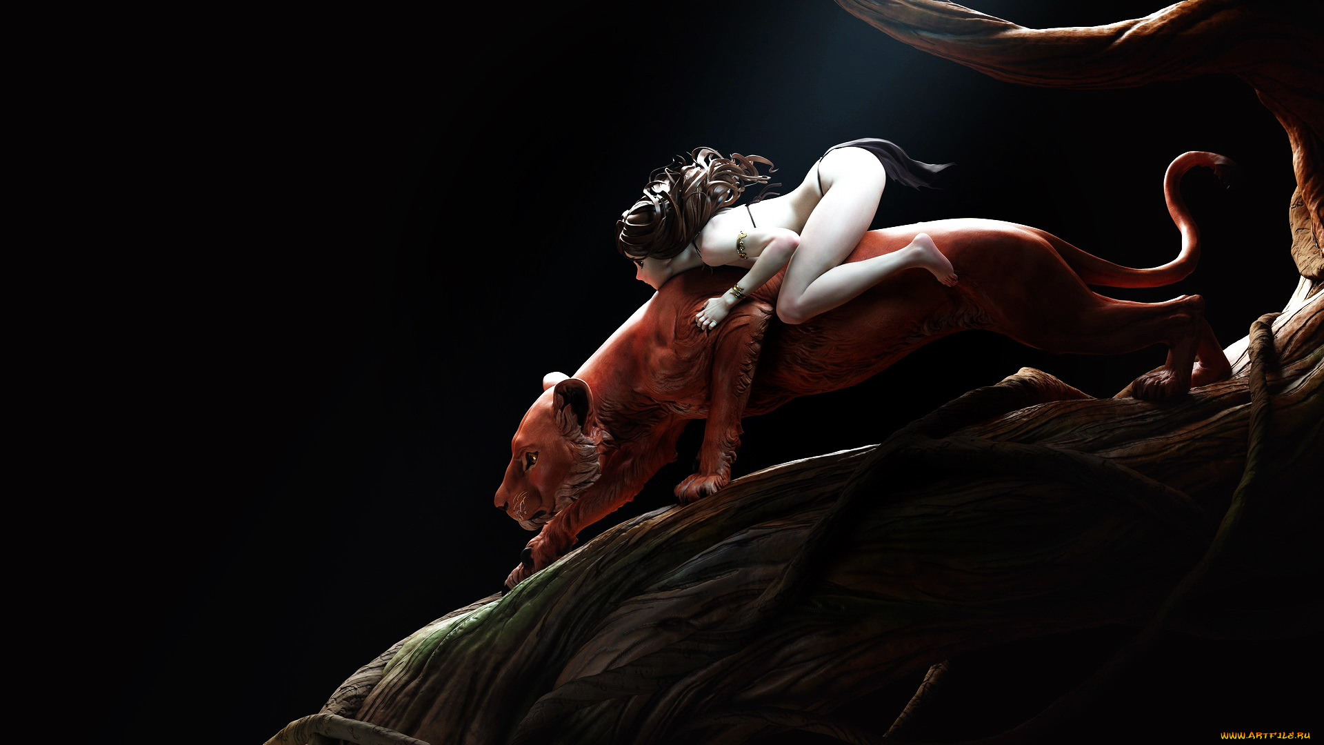 фэнтези, красавицы, и, чудовища, девушка, львица, дерево