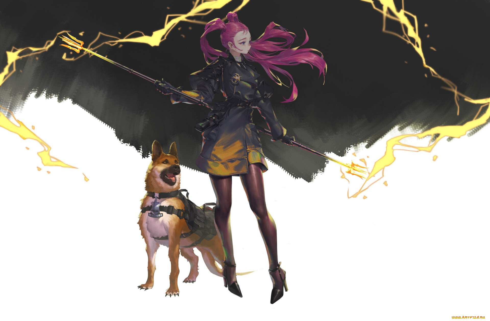 аниме, магия, , колдовство, , halloween, девушка, посох, собака