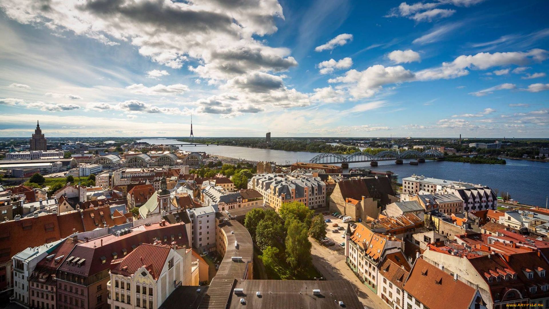 города, рига, , латвия, река, мосты, панорама