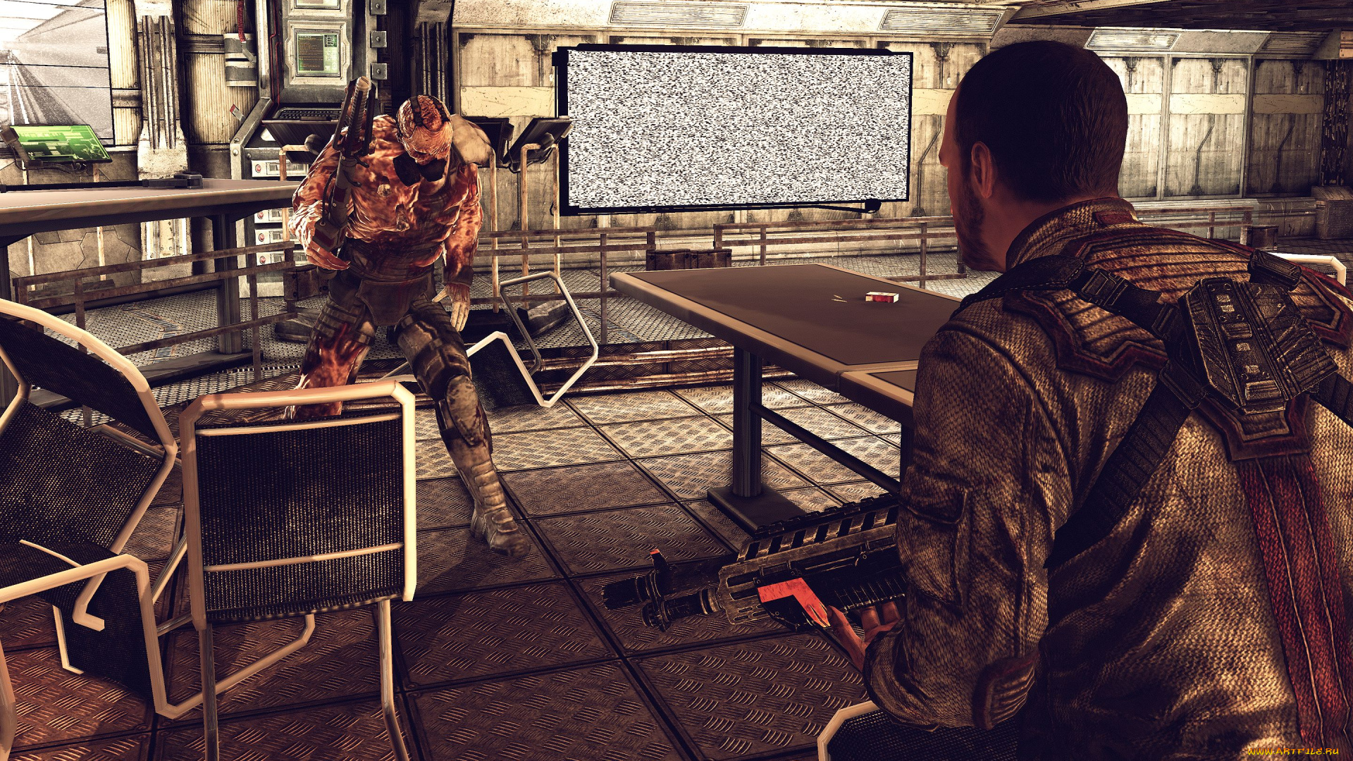 видео, игры, afterfall, , insanity, человек, оружие, монстр, экран, стол, стулья